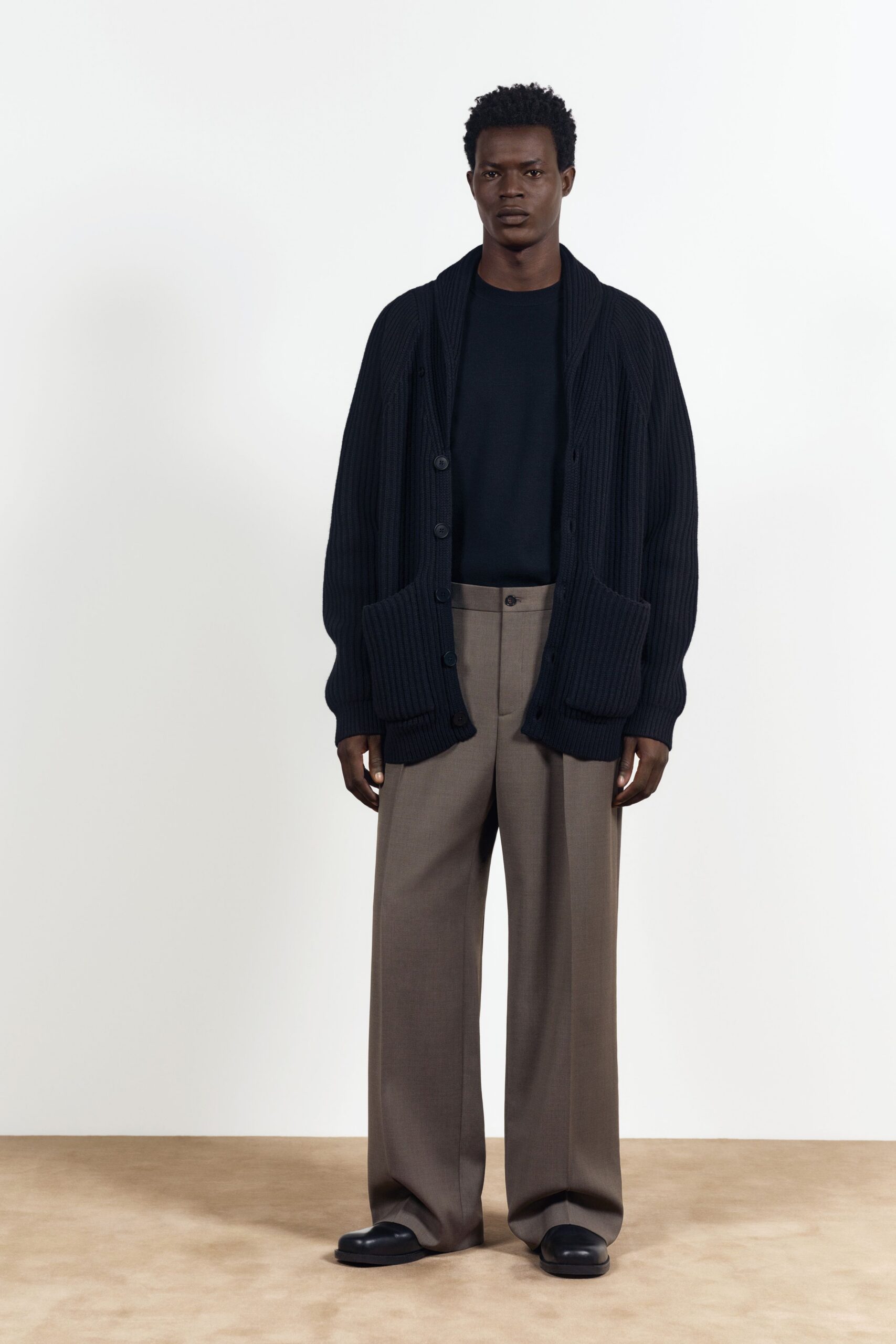 beige wool tailored straight-leg pants