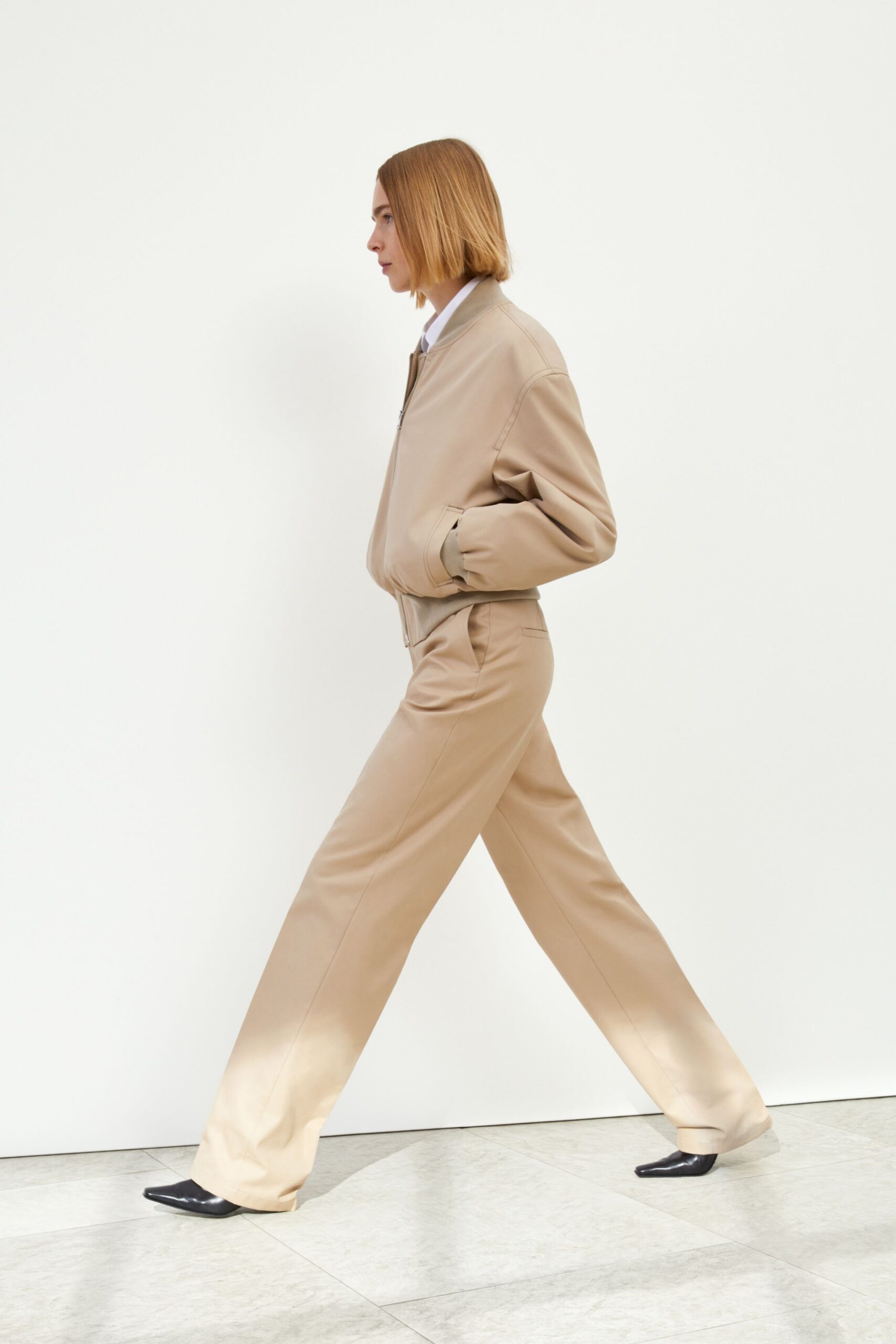 beige oversized jacket with relaxed pants