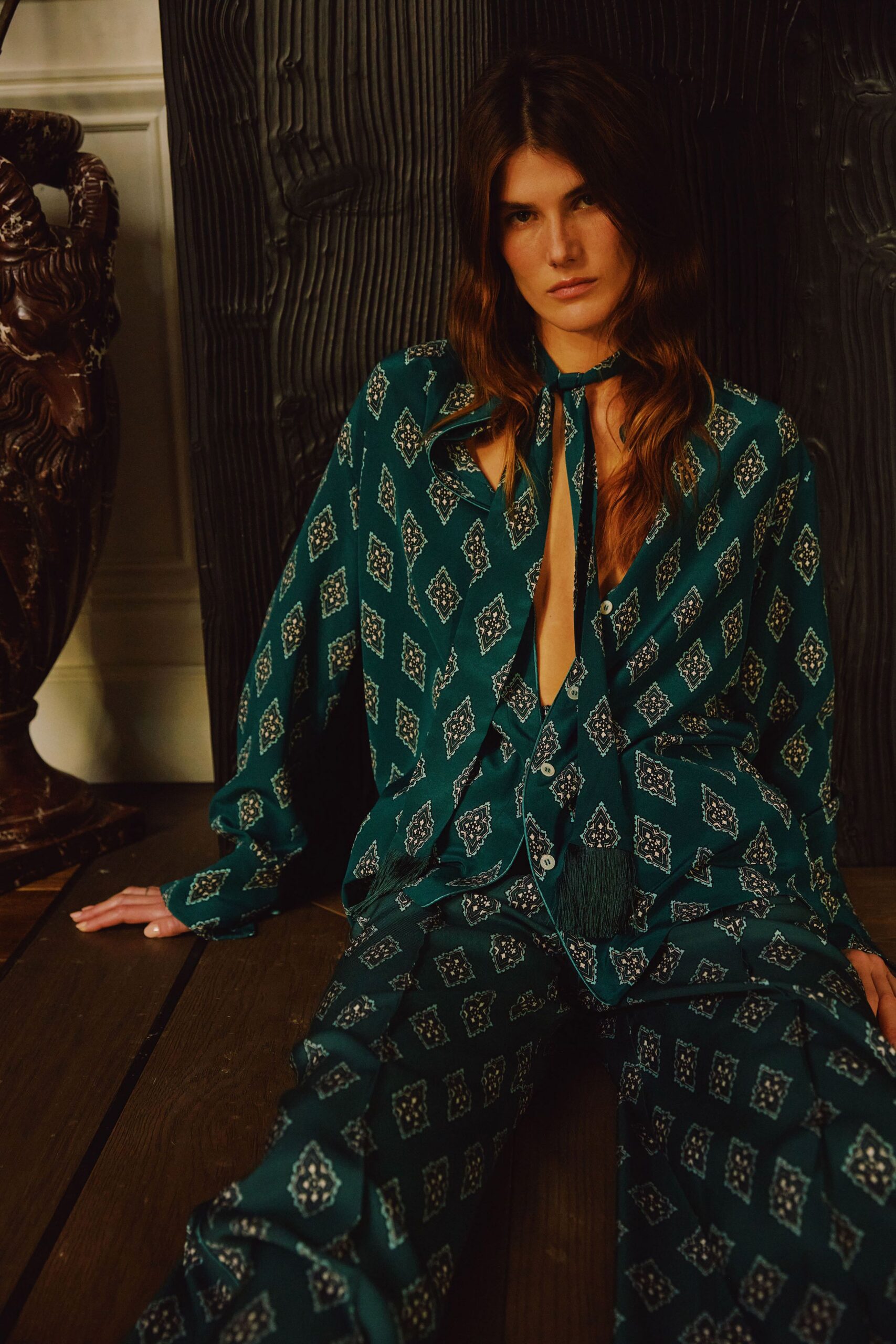 teal silk long-sleeve v-neck relaxed printed shirt