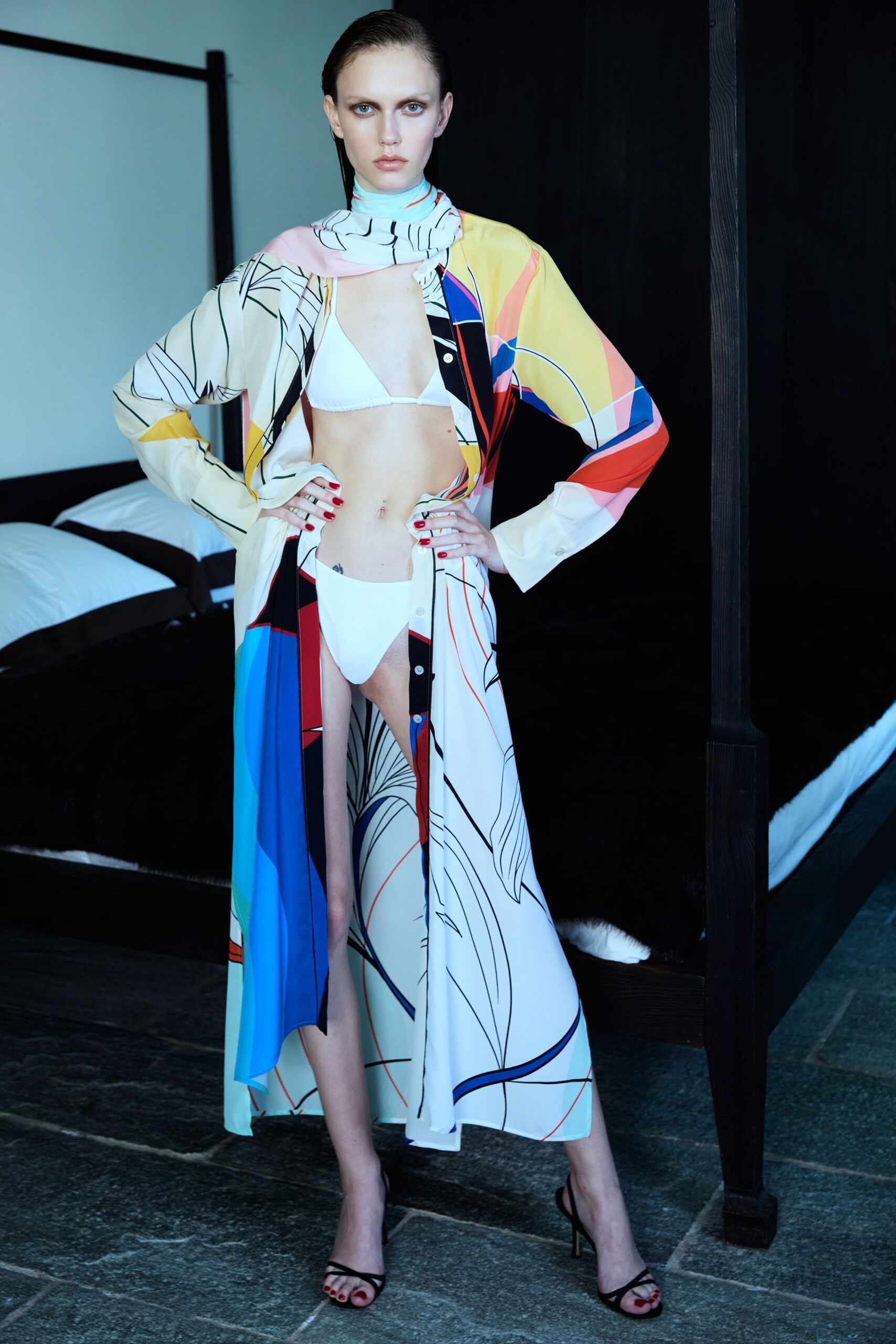 multi silk long-sleeve collared relaxed printed maxi dress