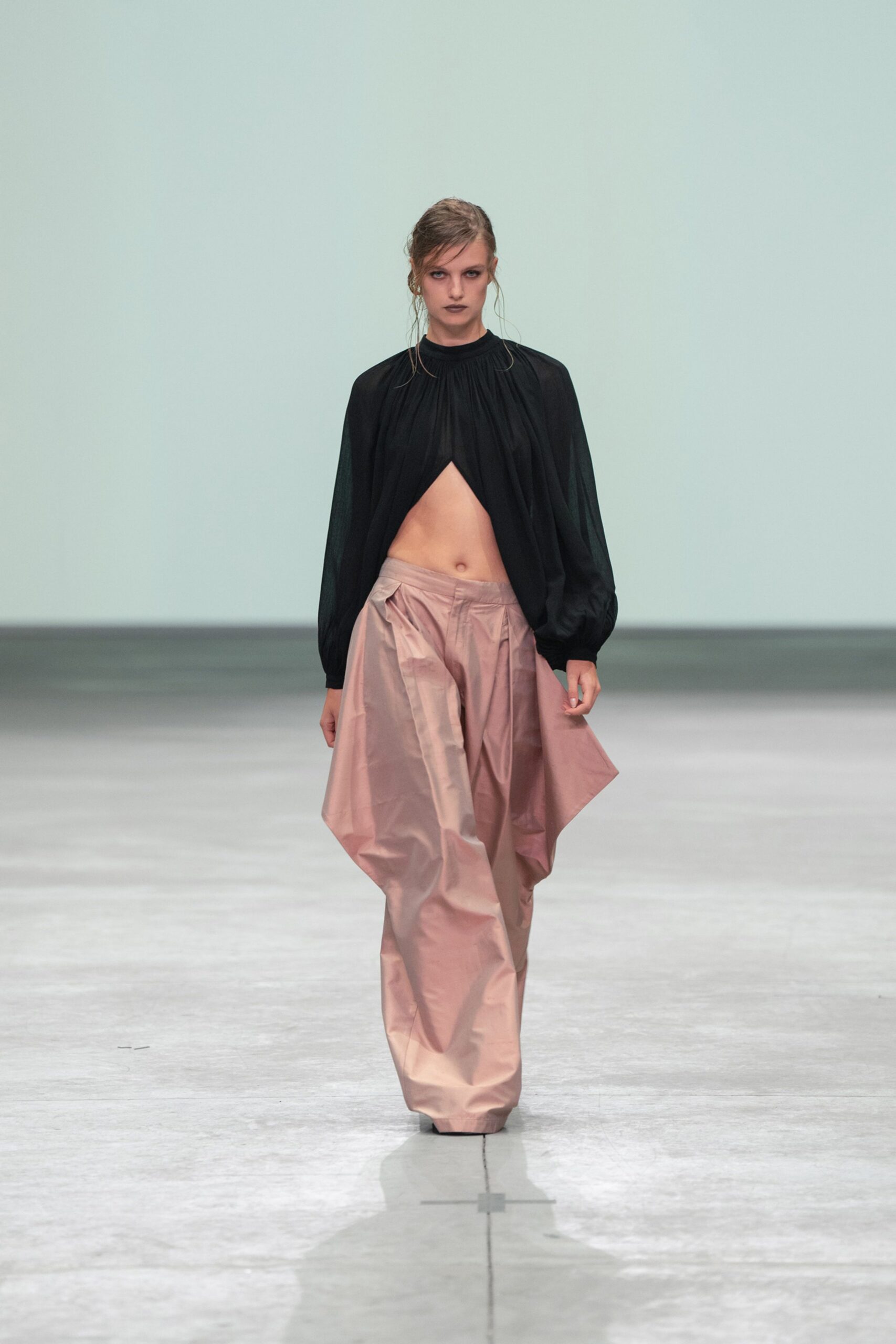 black silk long-sleeve collared relaxed draped top