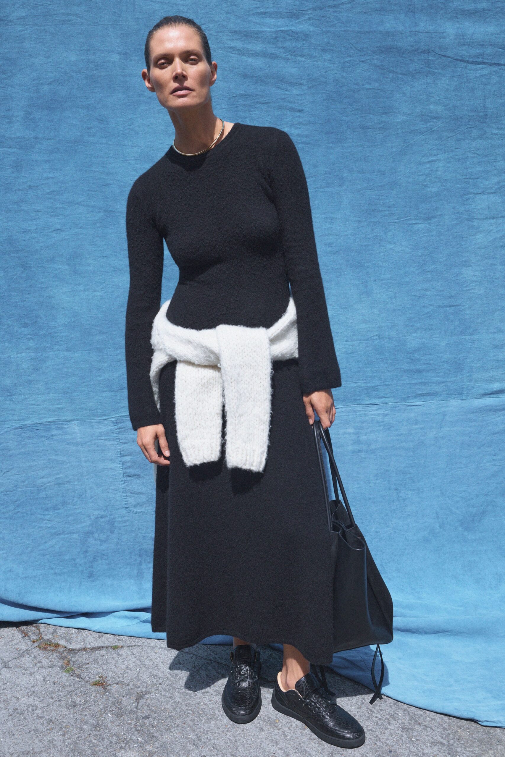 black wool long-sleeve scoop-neck fitted straight-leg maxi dress