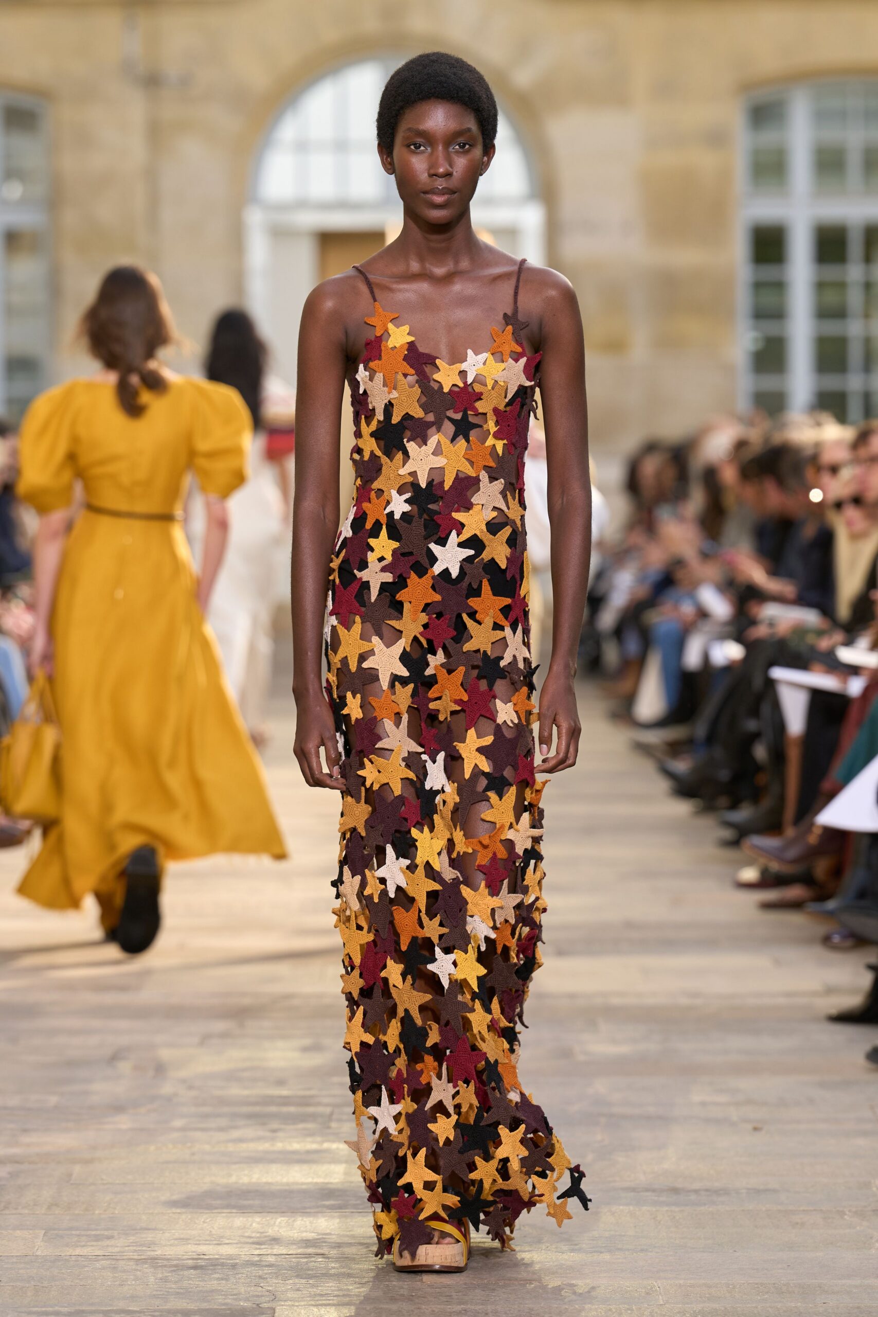 layered maxi dress in orange and brown