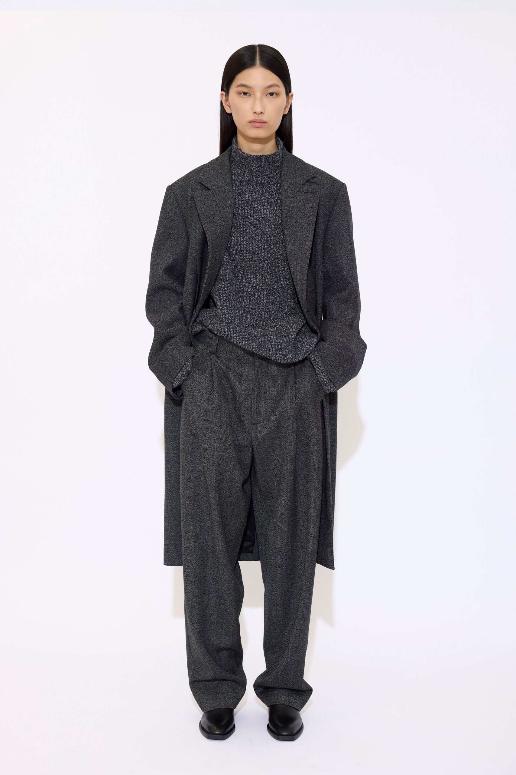 gray wool coat with knit top
