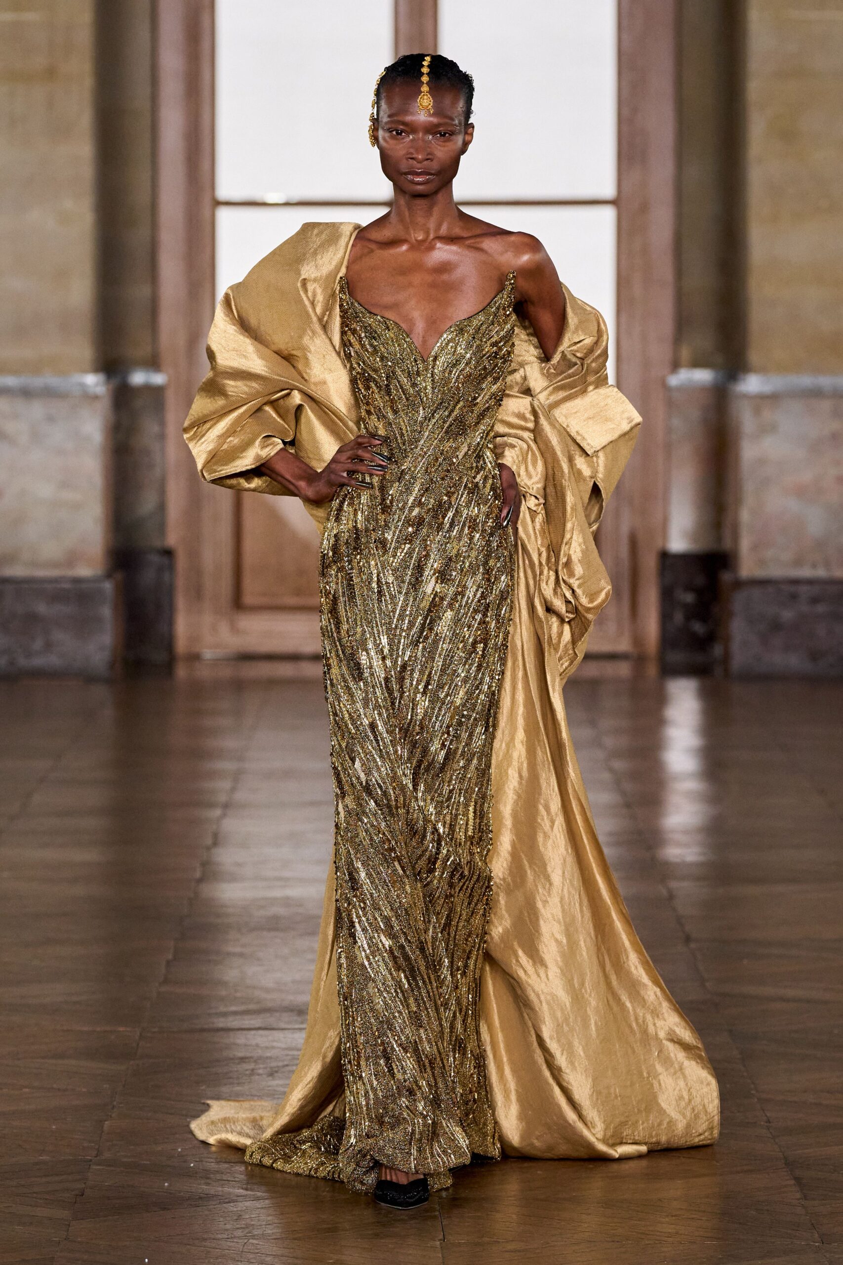 gold silk long-sleeve relaxed draped cape