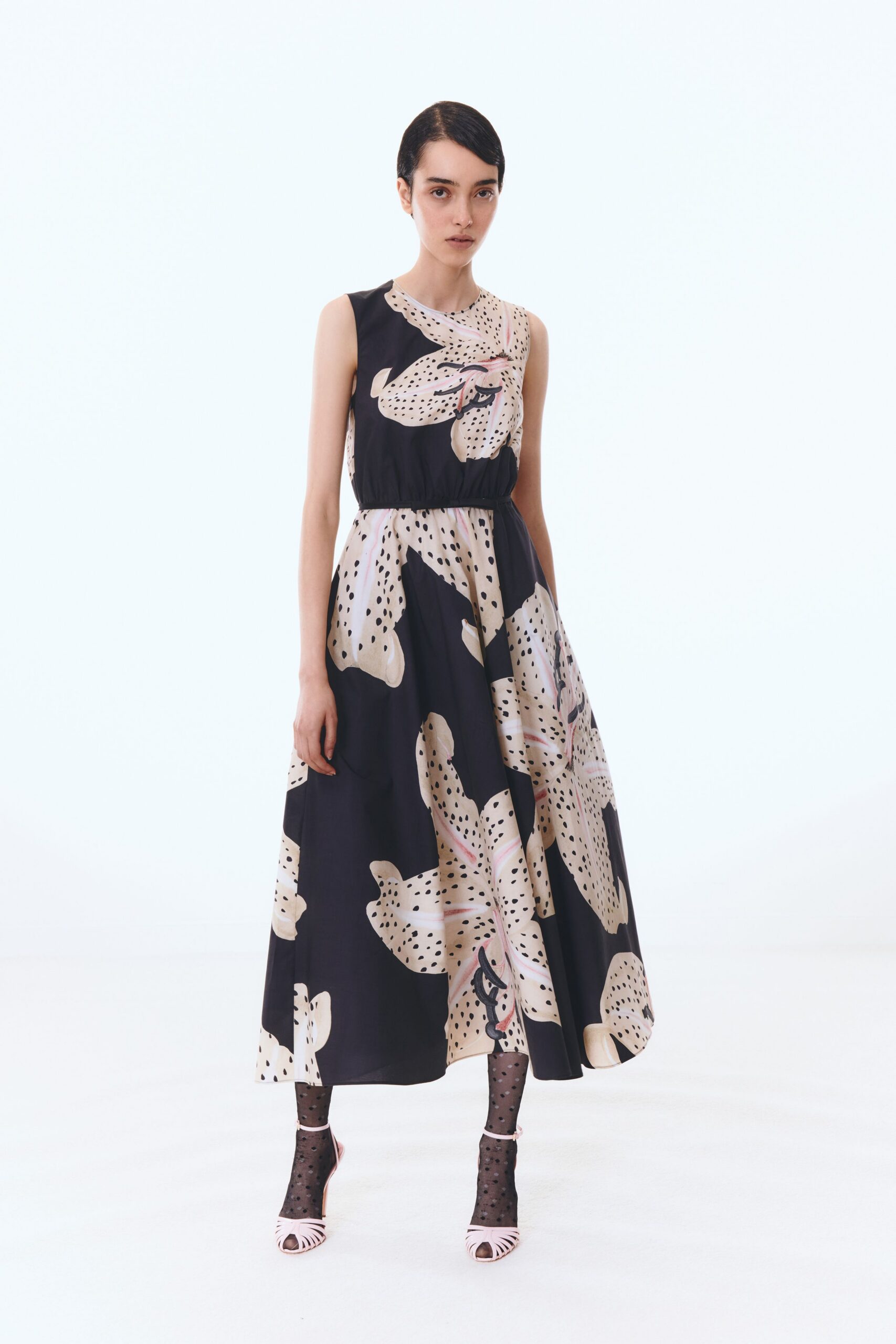 floral midi dress with striped shoes