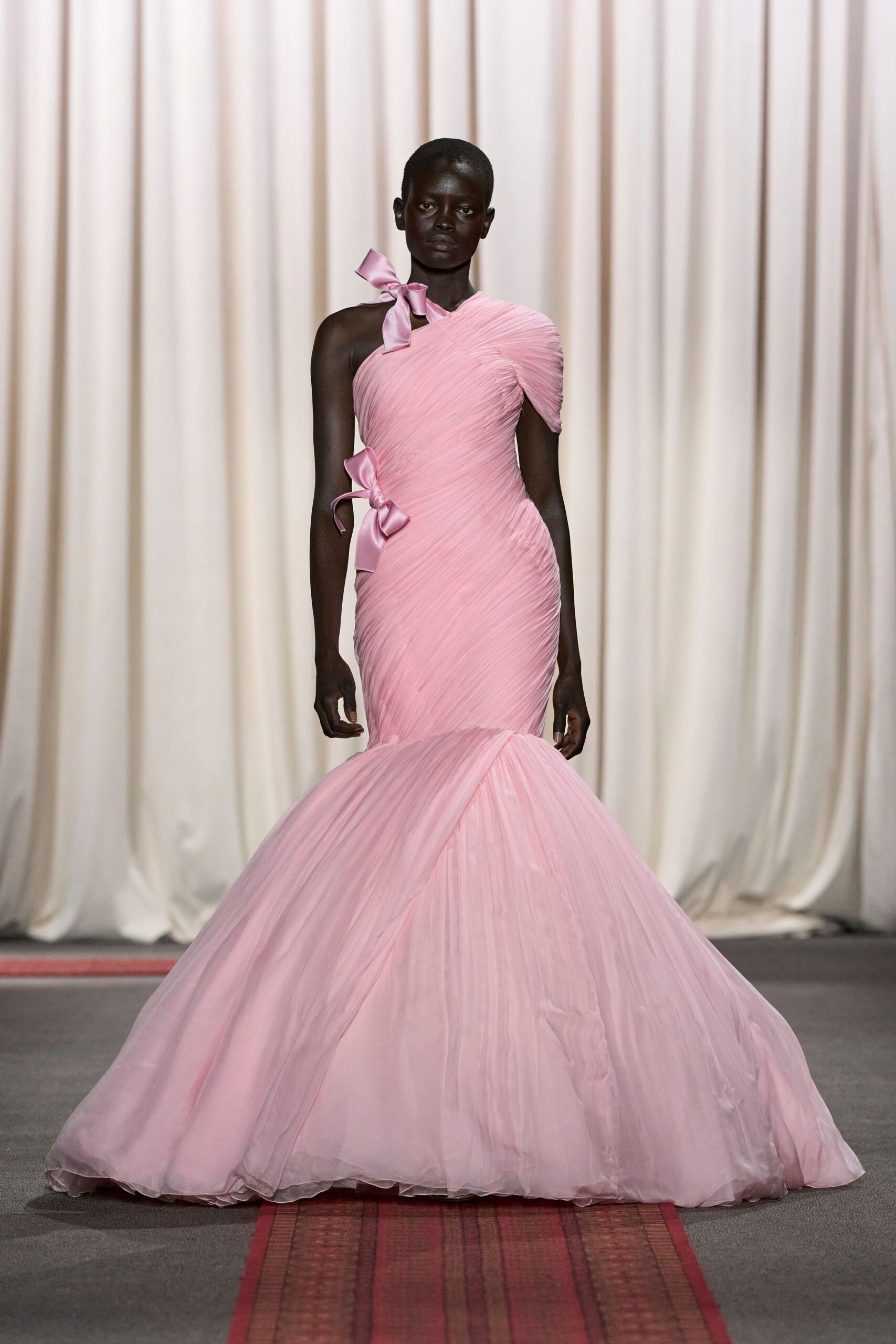 pink tulle off-shoulder gown
