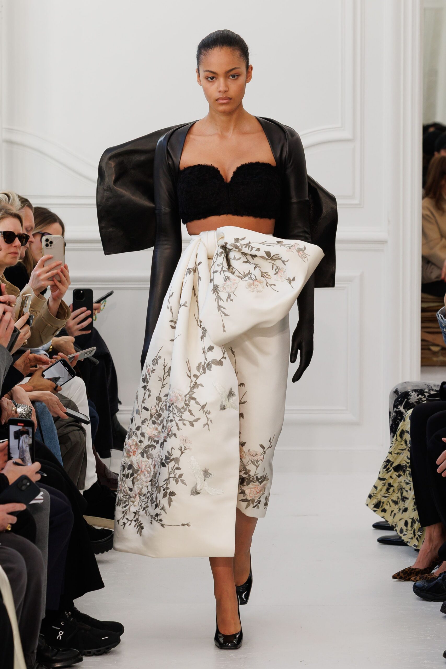 white cotton structured flared embroidered midi skirt