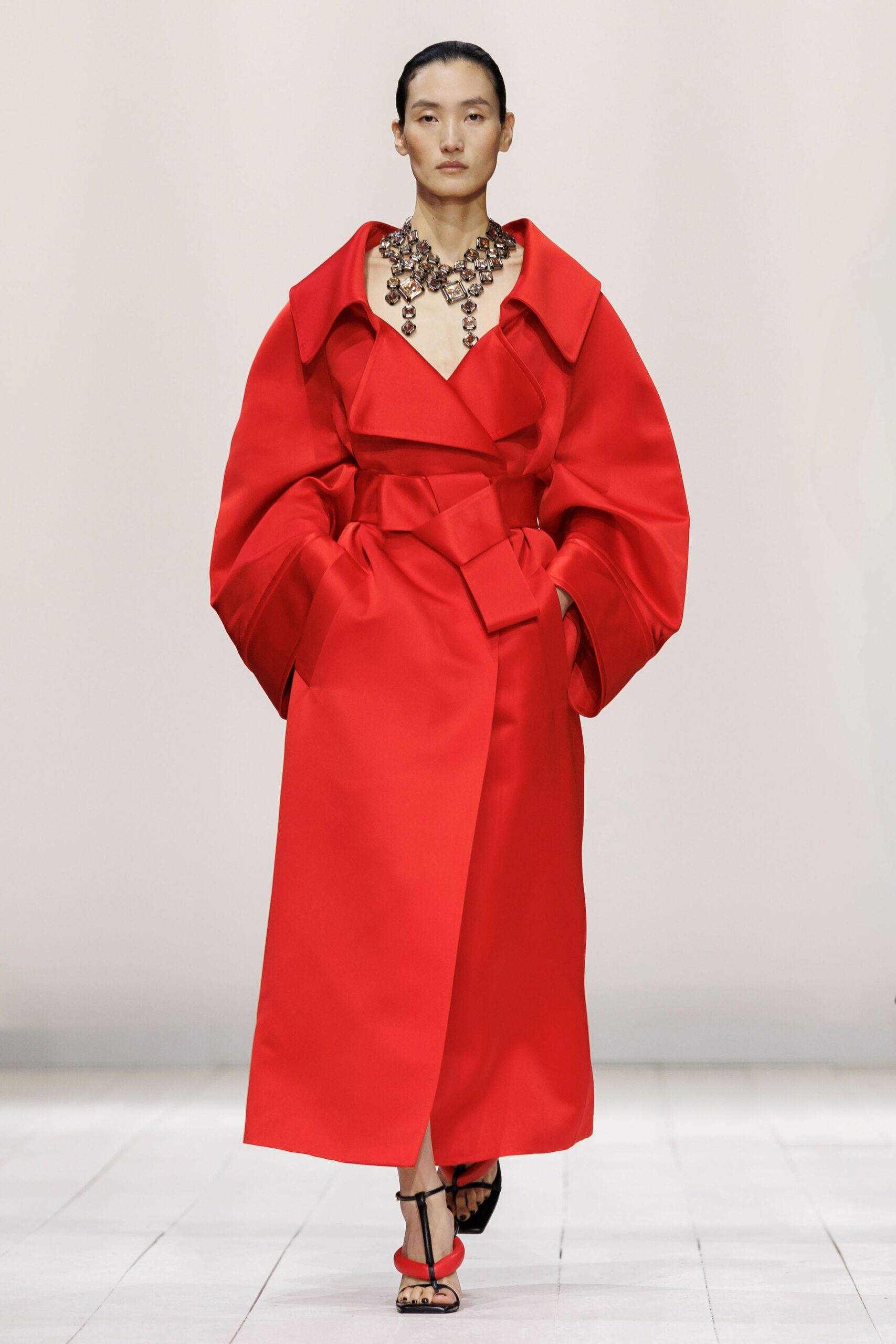 red silk long-sleeve v-neck oversized belted coat