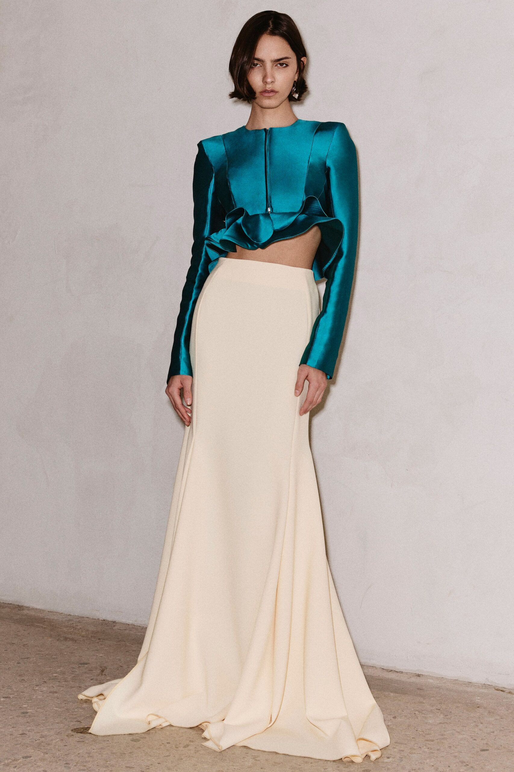 teal silk long-sleeve collared fitted ruffled top