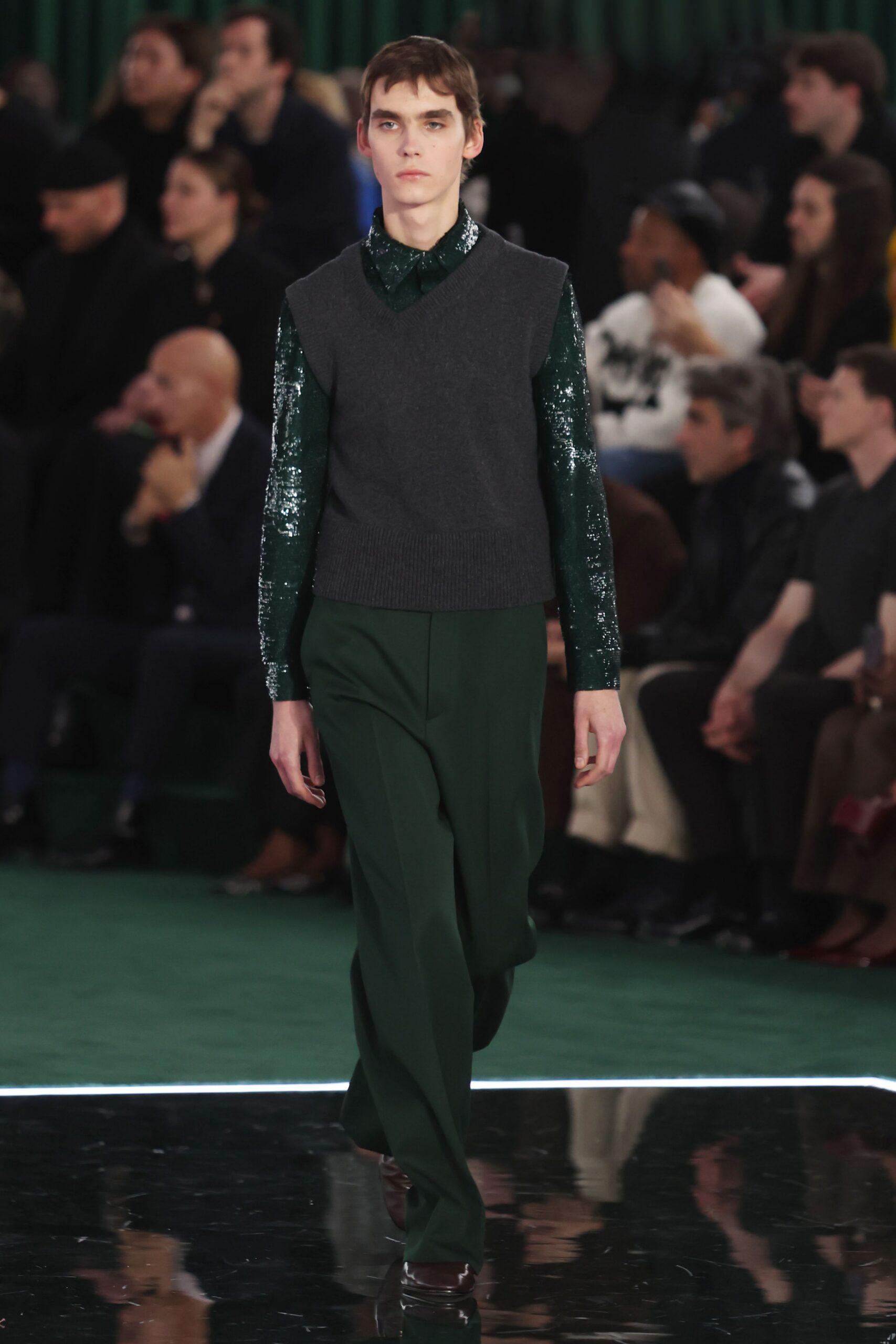 green silk long-sleeve collared fitted sequined shirt