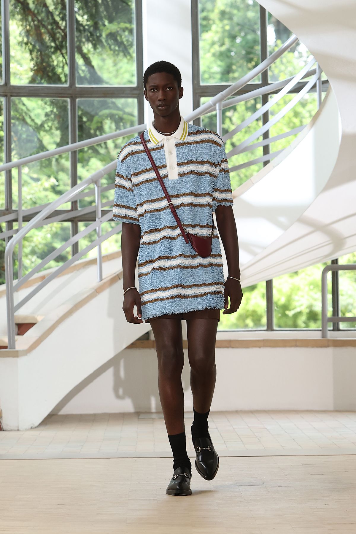 blue cotton short-sleeve collared relaxed striped short dress