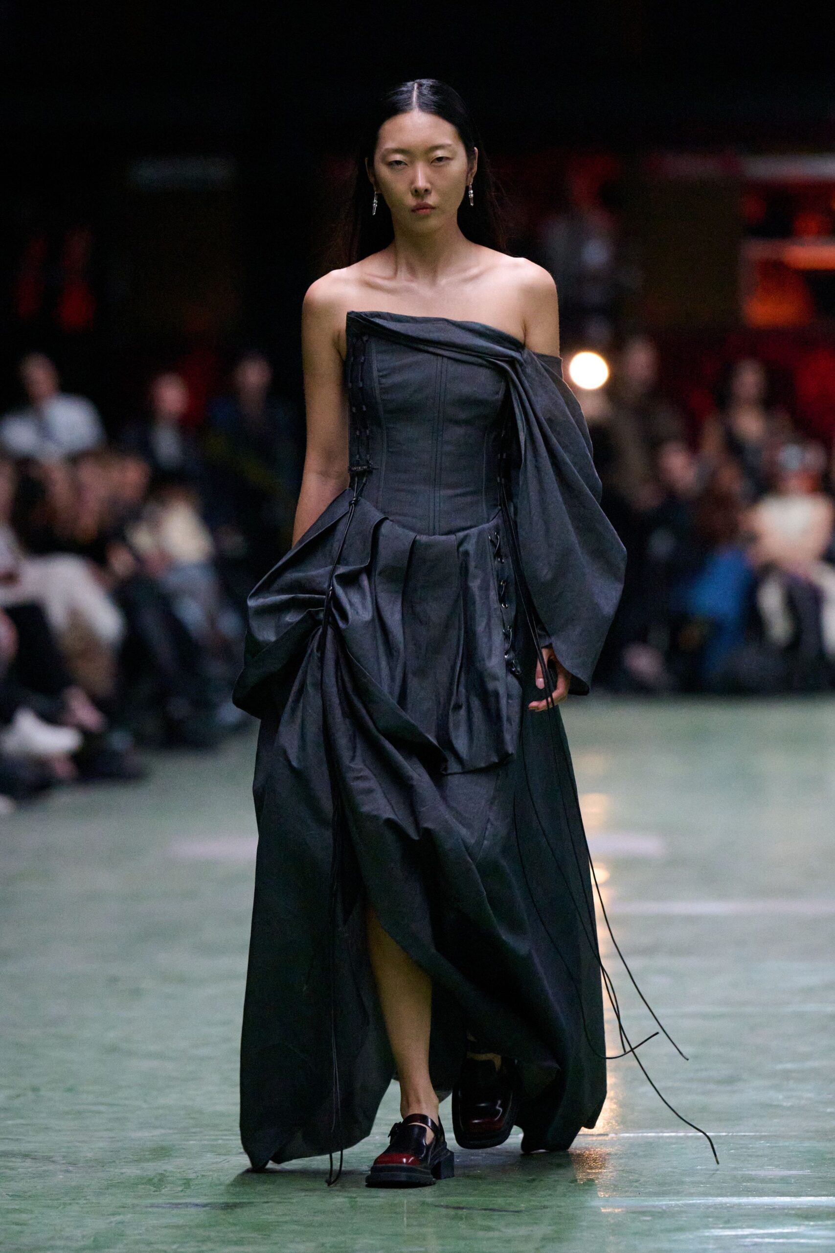 black silk strapless gown