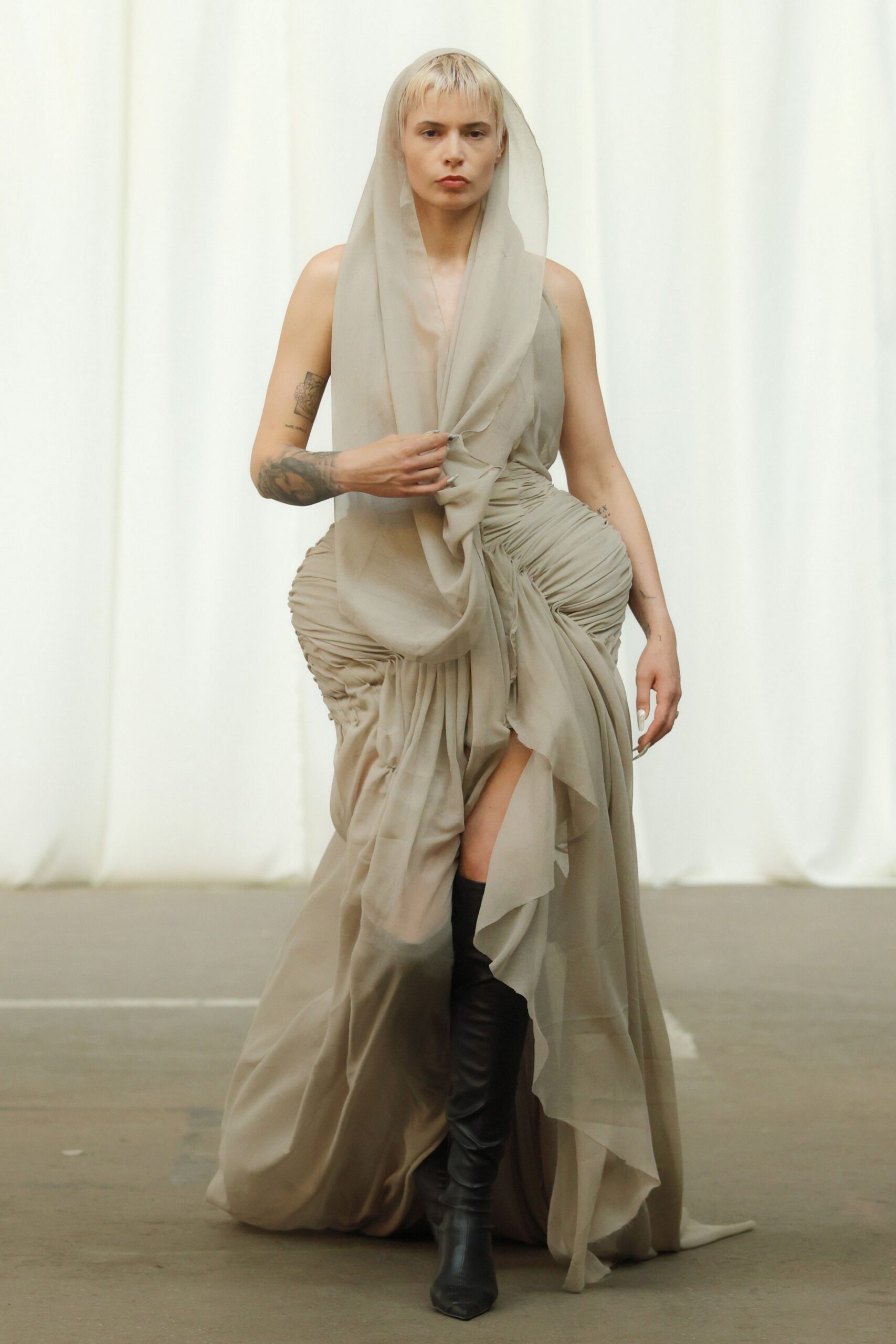 beige silk sleeveless v-neck fitted ruched draped gown