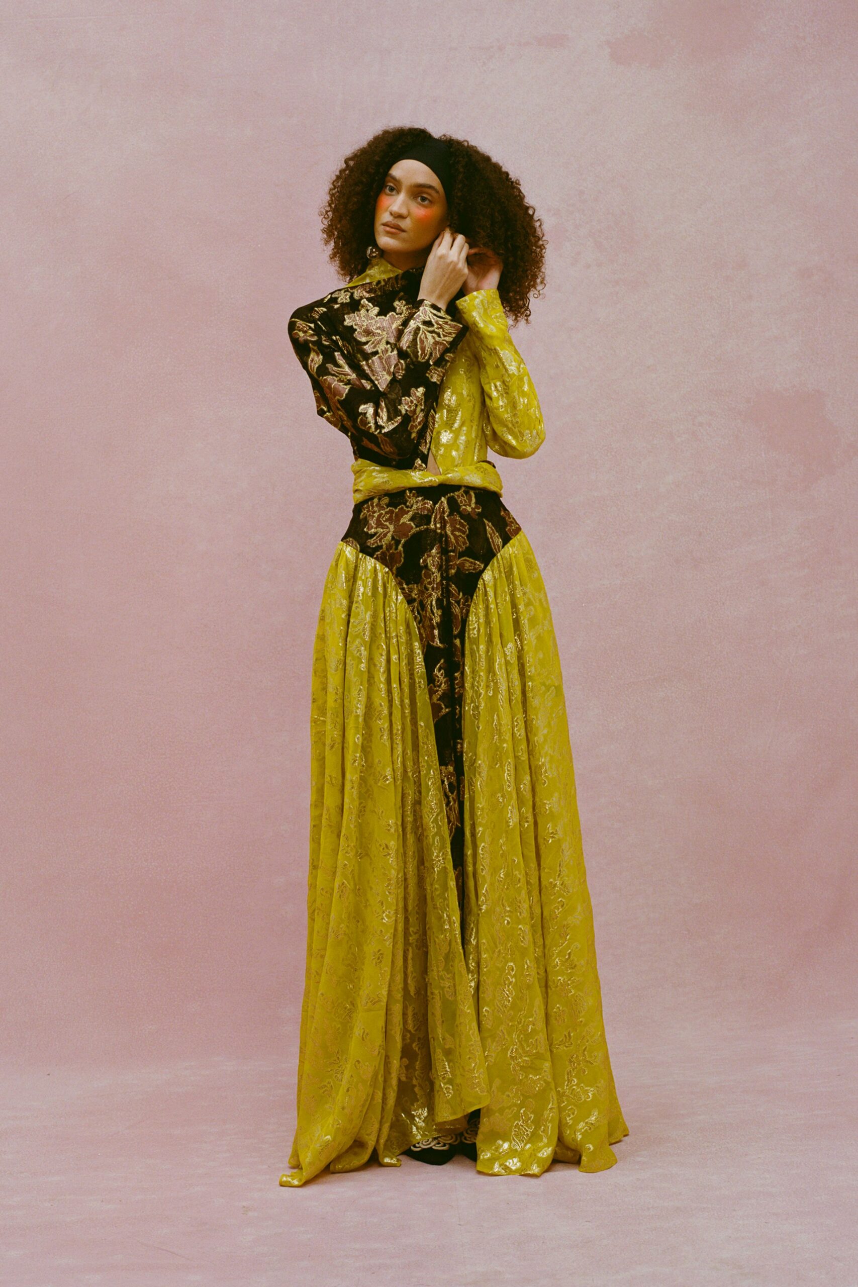 black and yellow embroidered gown
