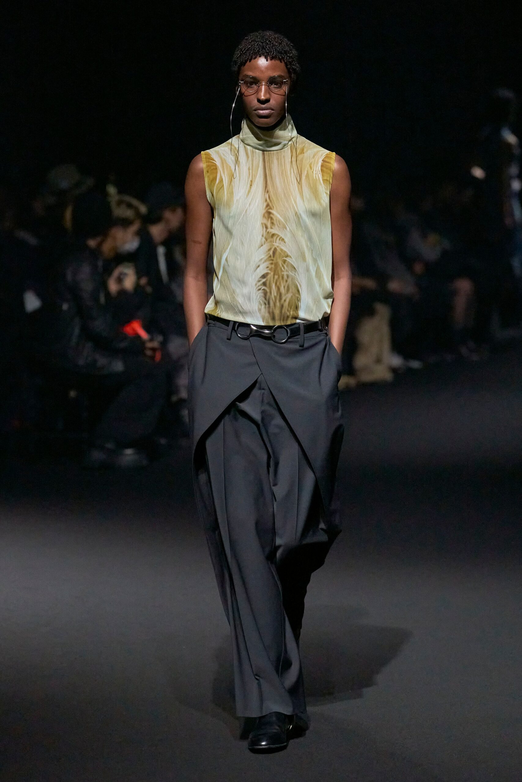 fitted silk top with pleated pants