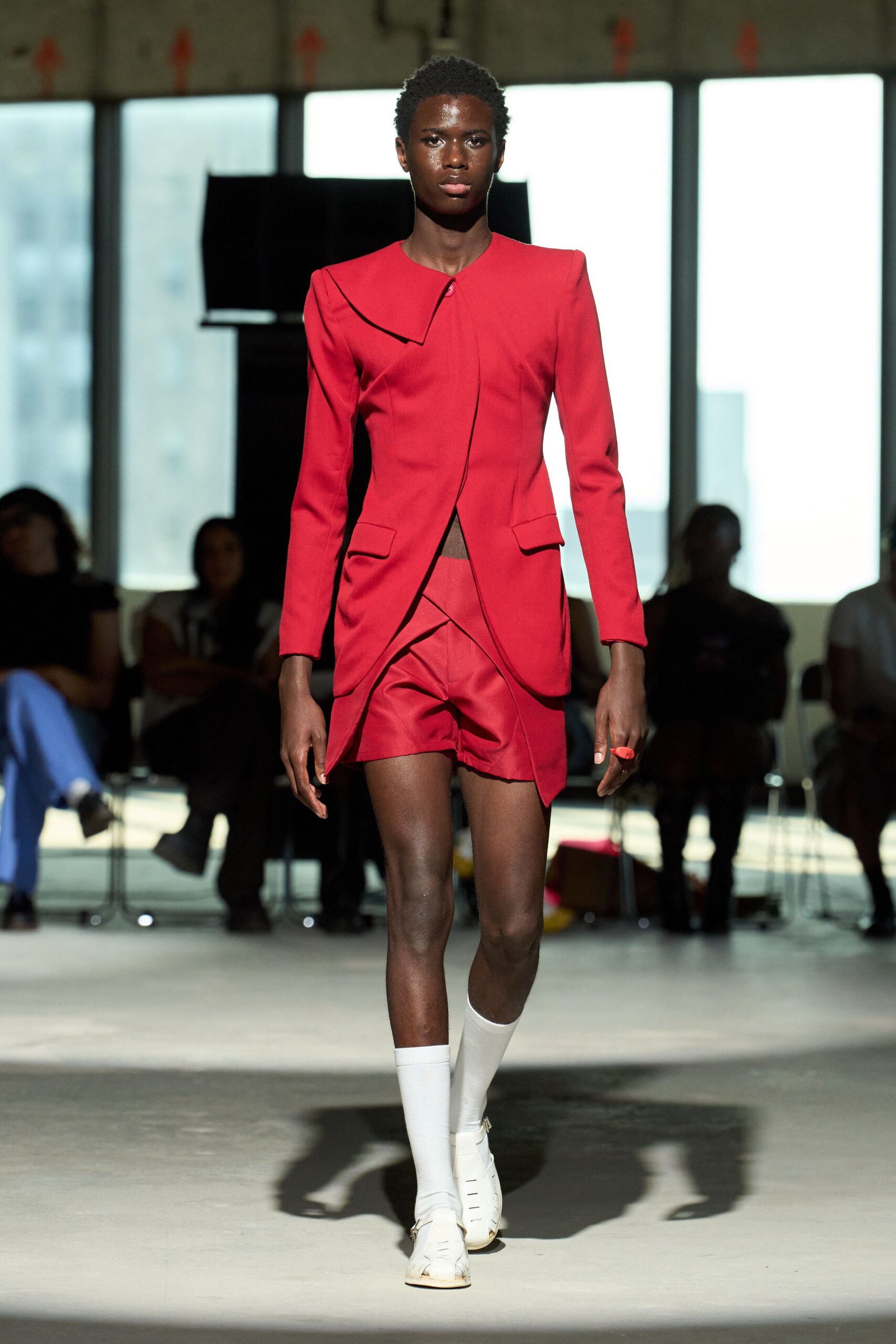 red fitted blazer and shorts