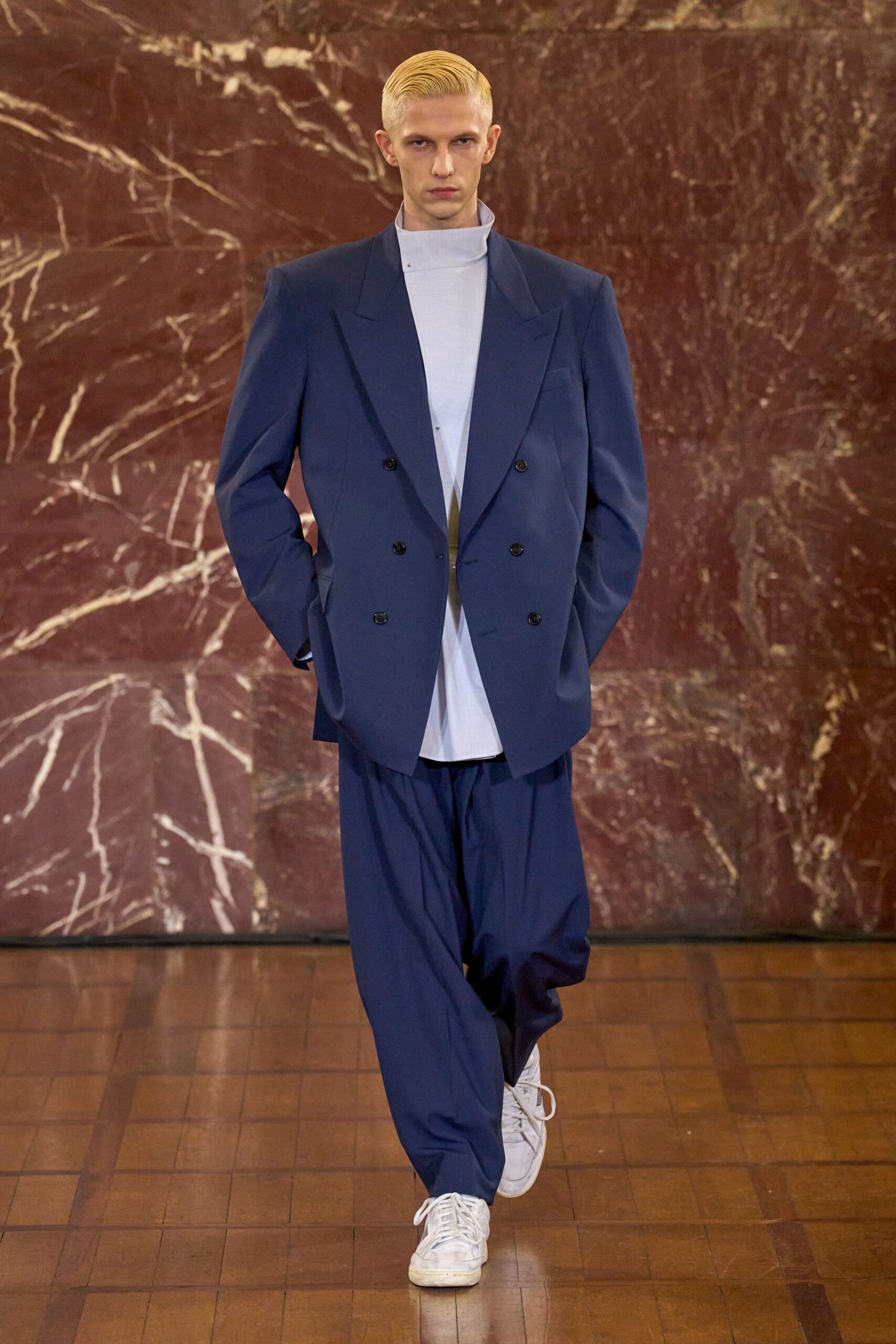 blue tailored blazer with relaxed shirt