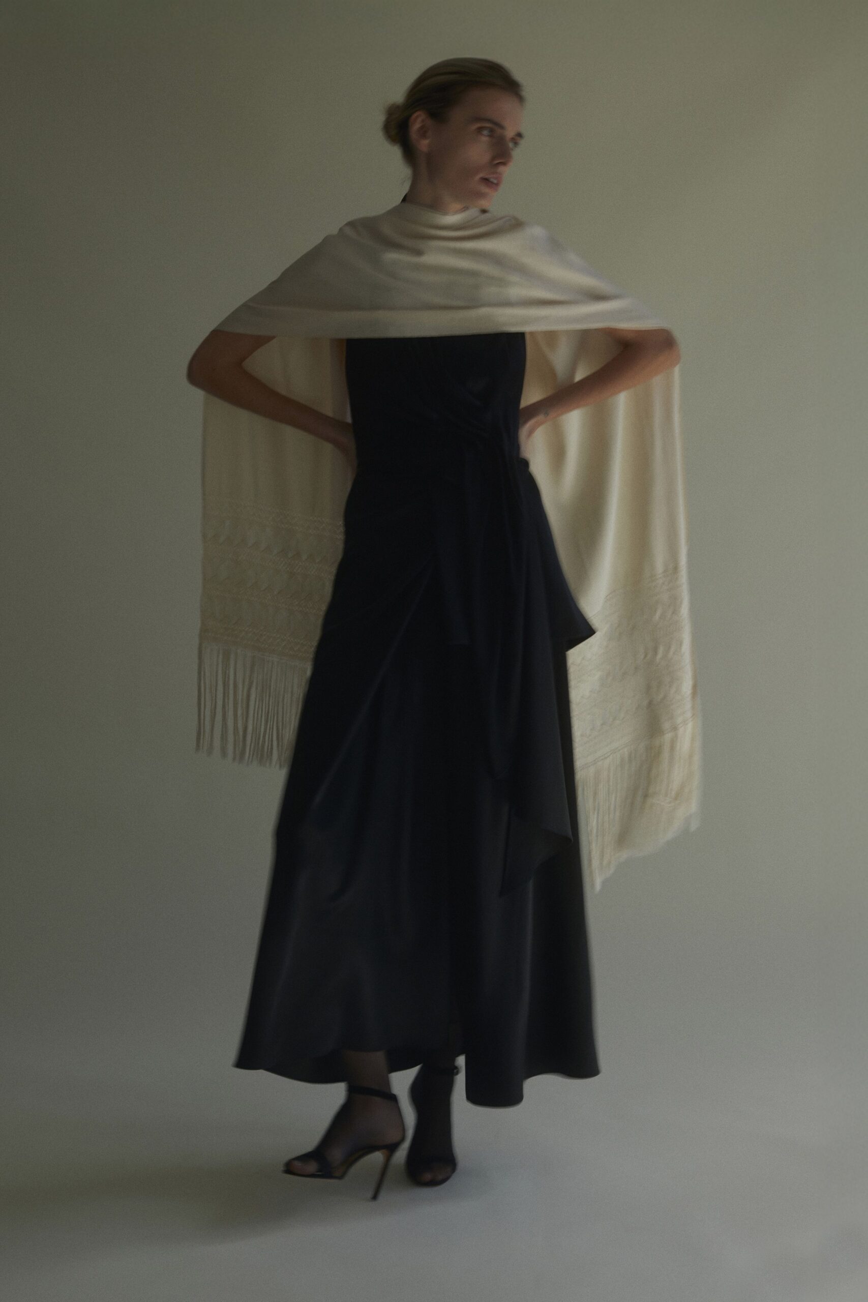 ivory silk relaxed fringed scarf