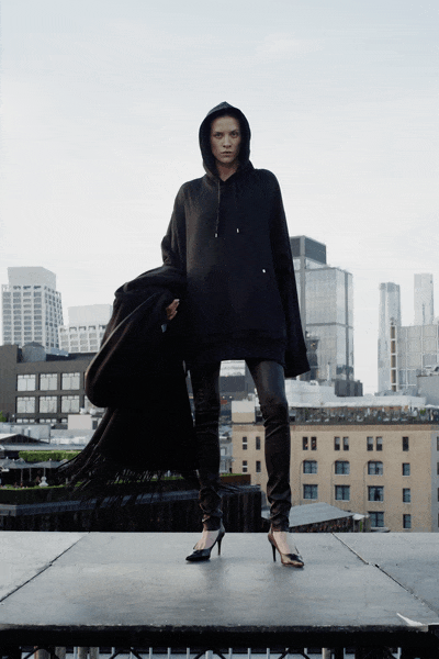 black cotton long-sleeve hooded oversized fringed hoodie