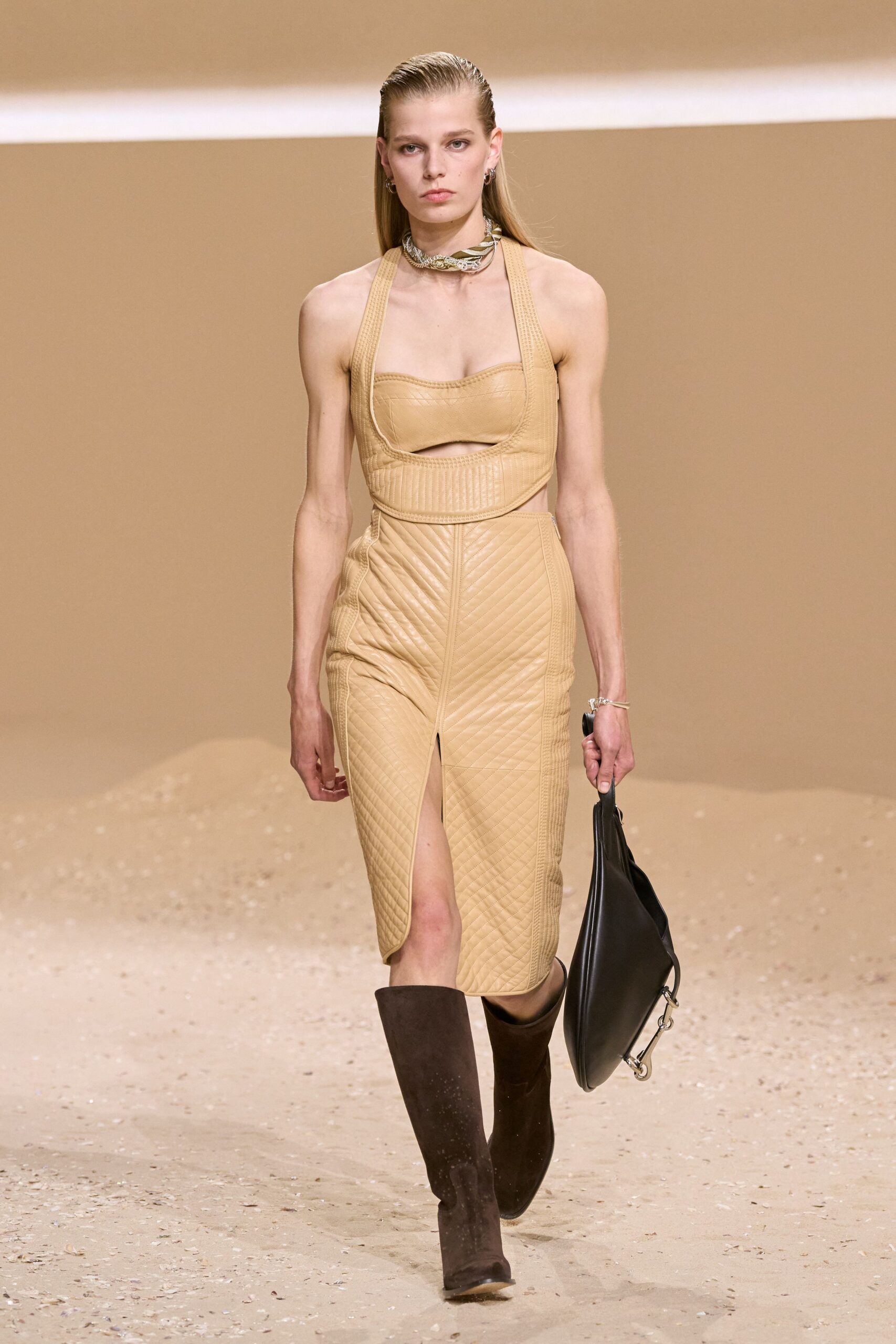 beige leather sleeveless v-neck fitted quilted midi dress