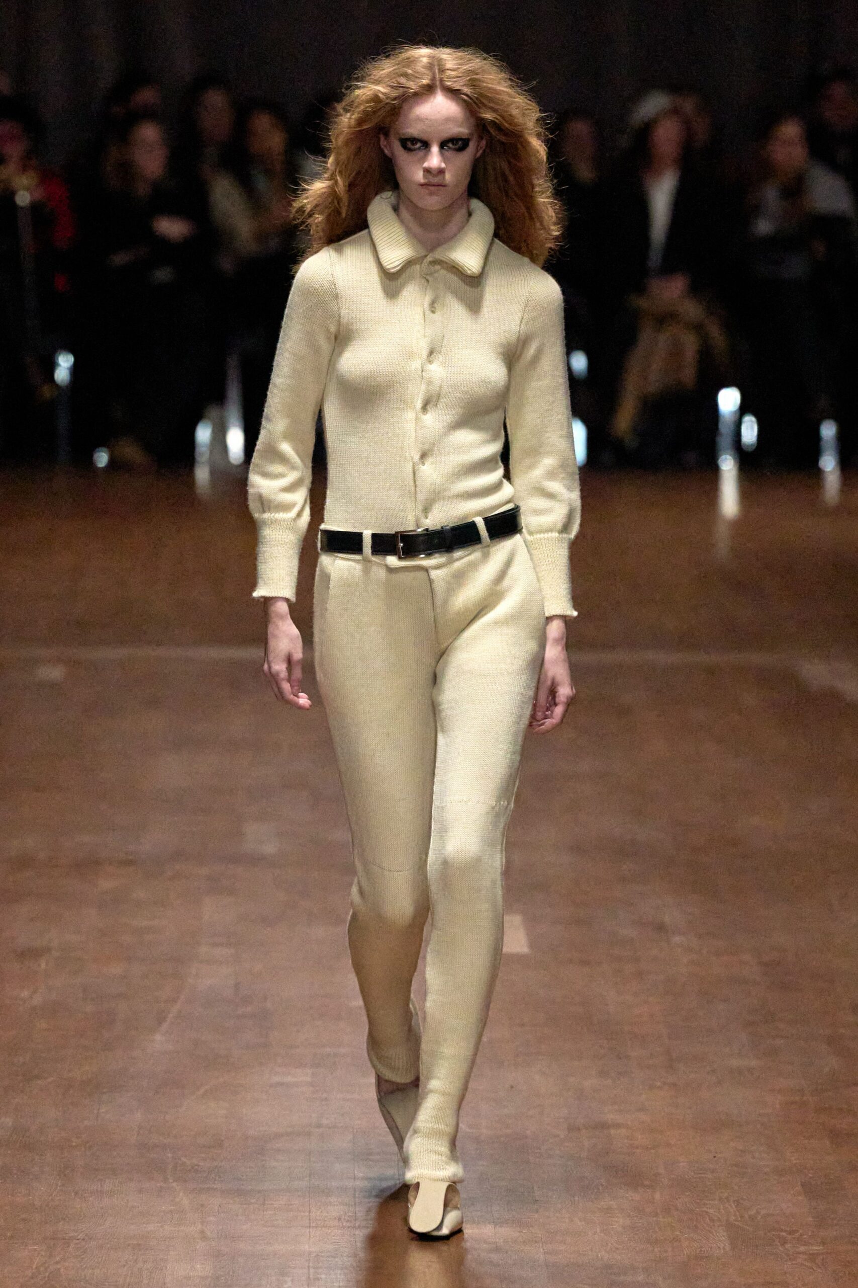 beige fitted sweater and pants