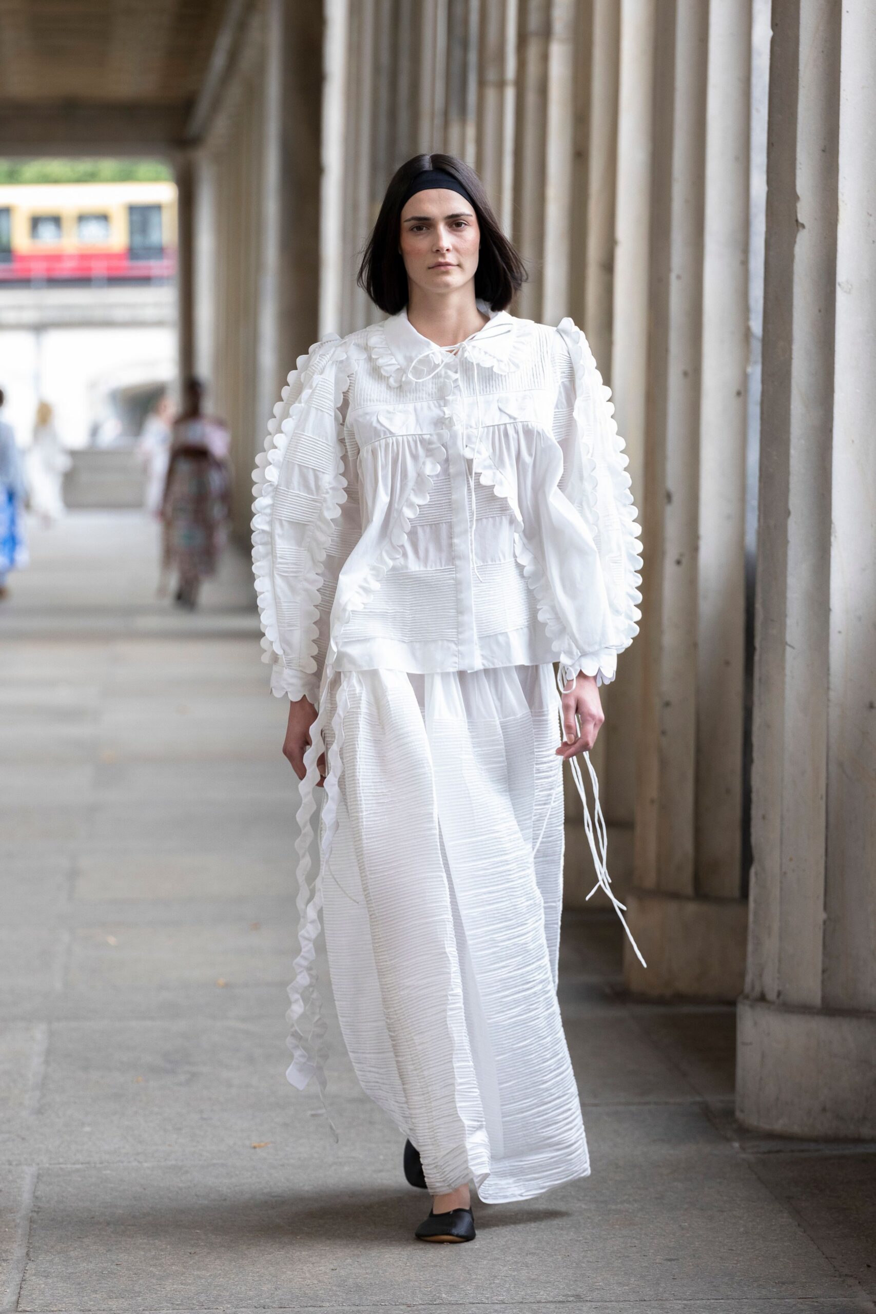 white cotton long-sleeve collared relaxed pleated ruffled dress