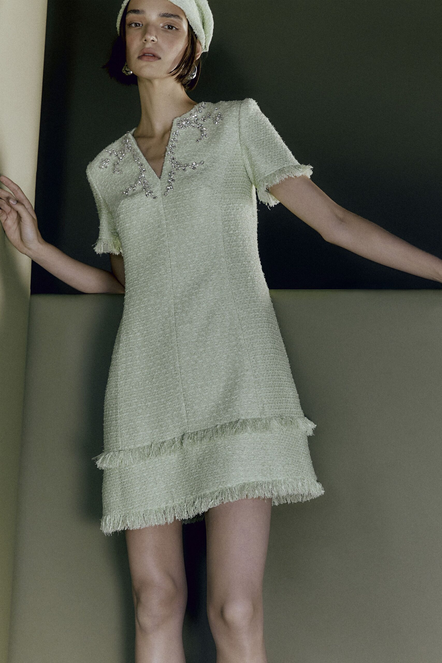 green tweed short-sleeve dress with hat