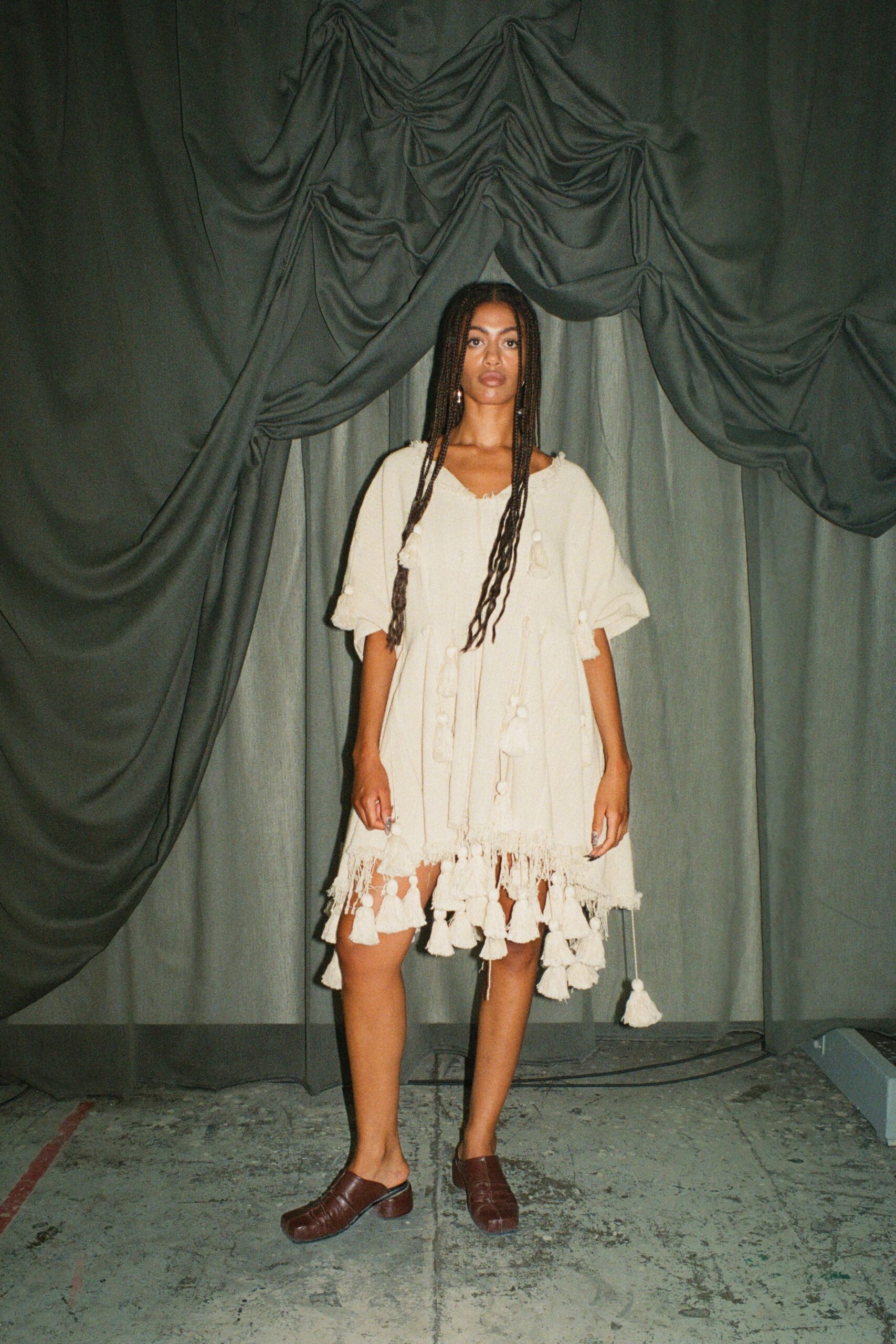 beige cotton short-sleeve scoop-neck relaxed tiered fringed dress
