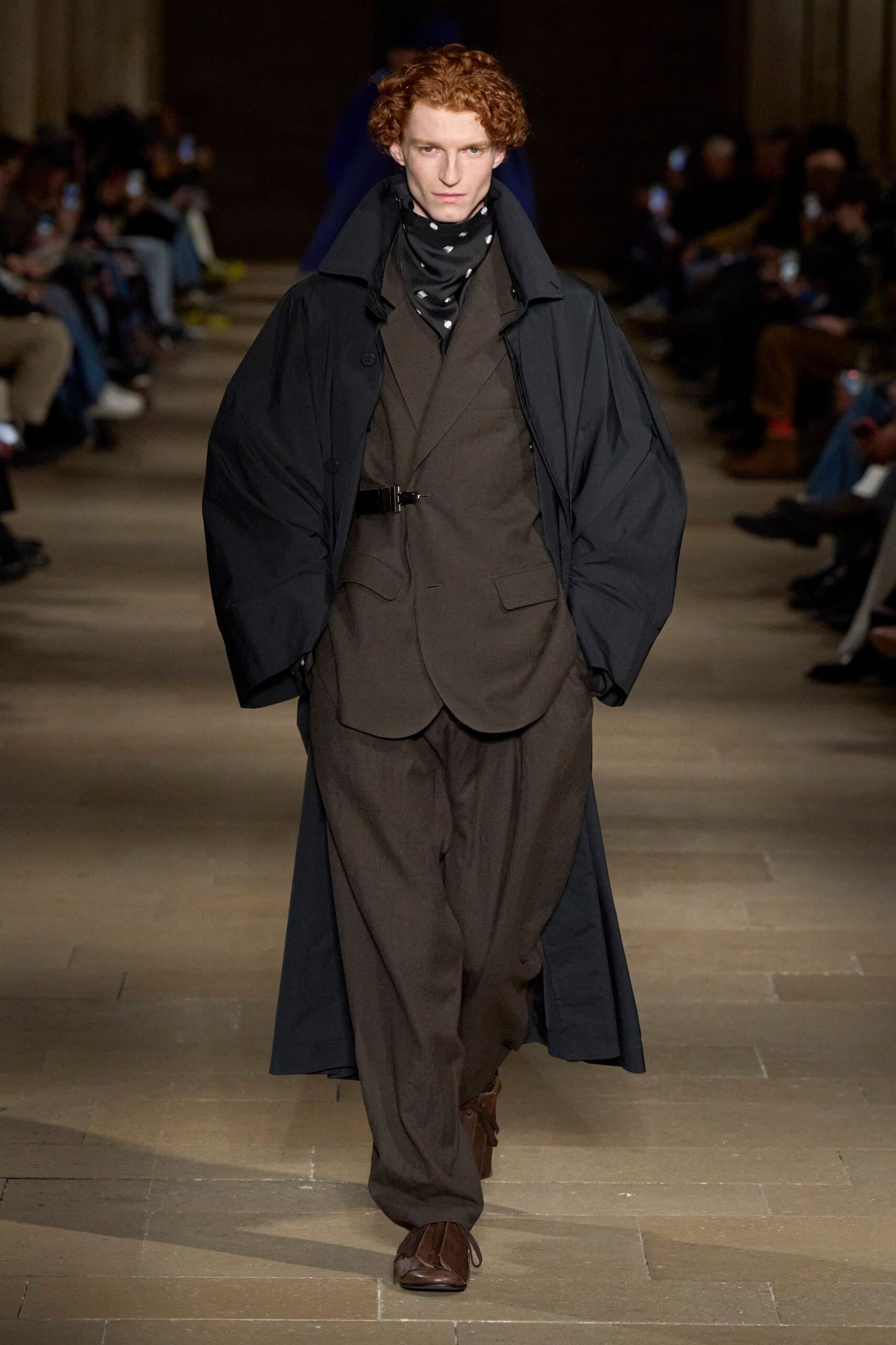 black oversized coat with brown suit