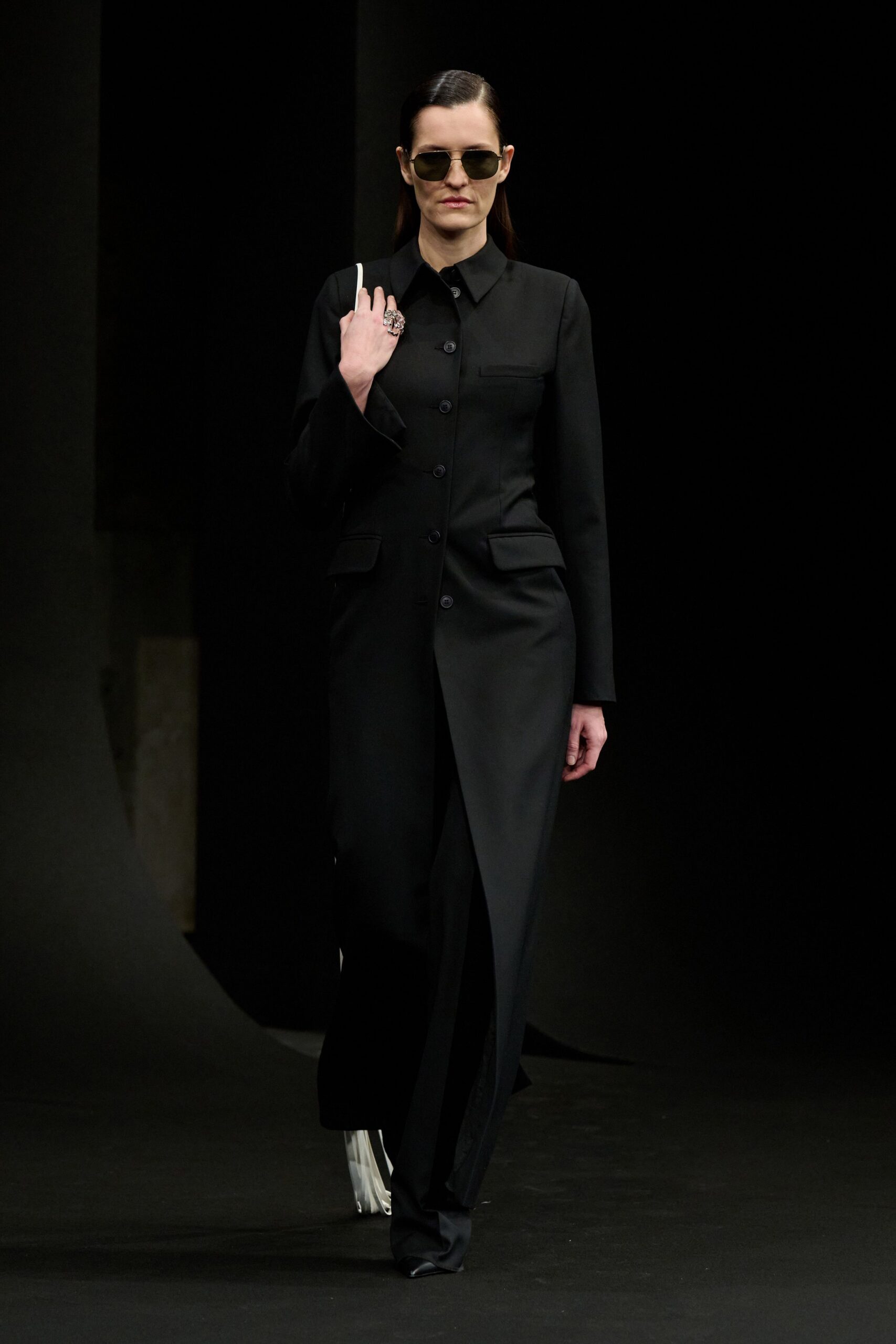 black cotton long-sleeve collared fitted buttoned midi dress