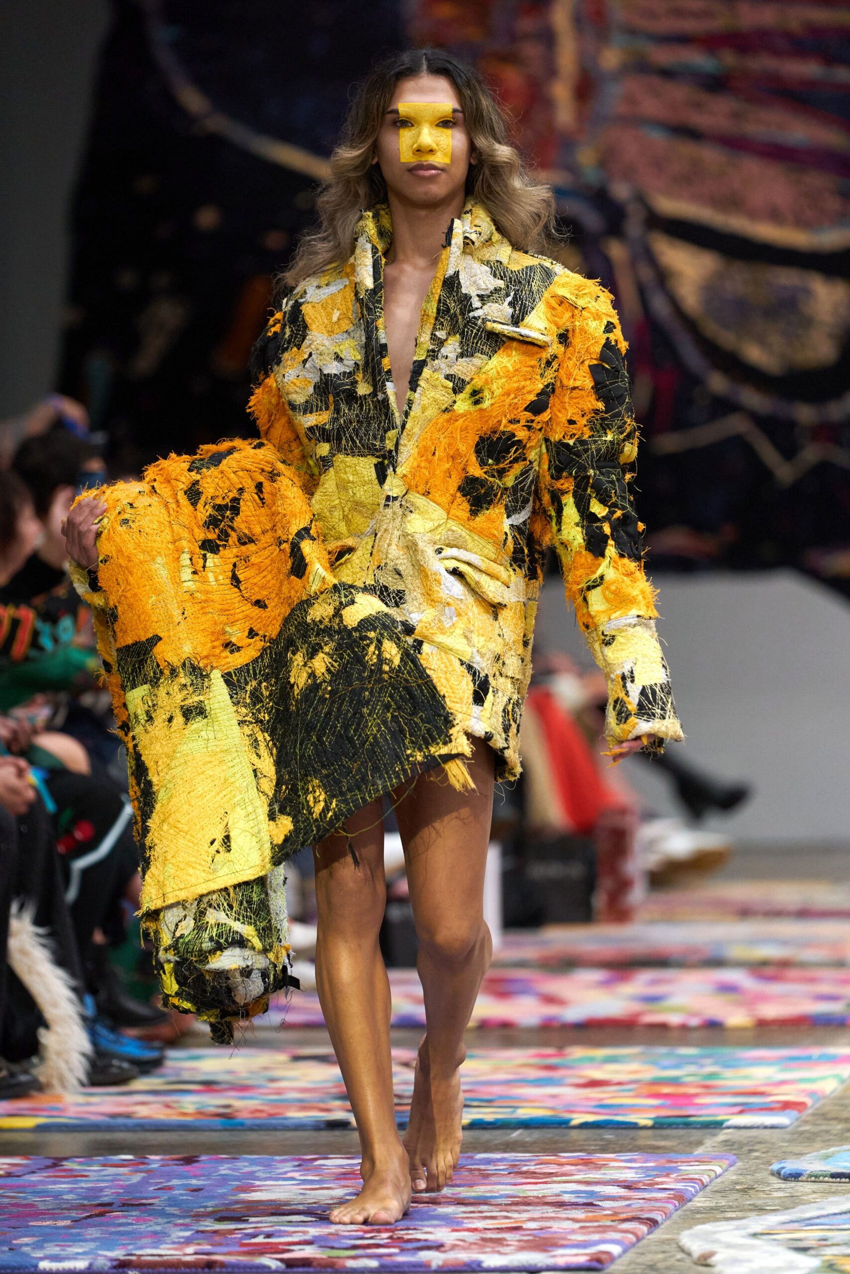 yellow cotton long-sleeve collared oversized draped layered coat