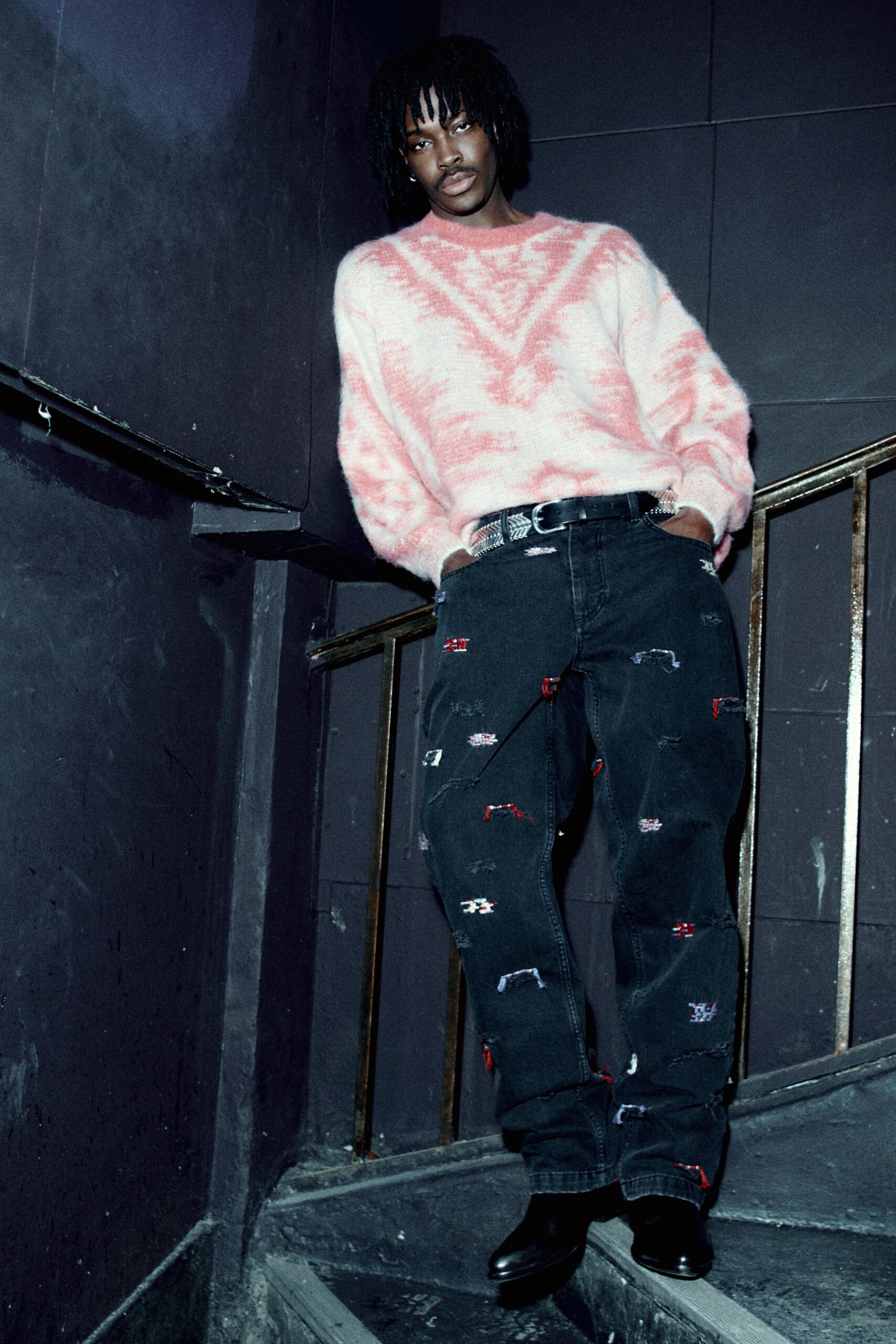 black denim relaxed embroidered pants