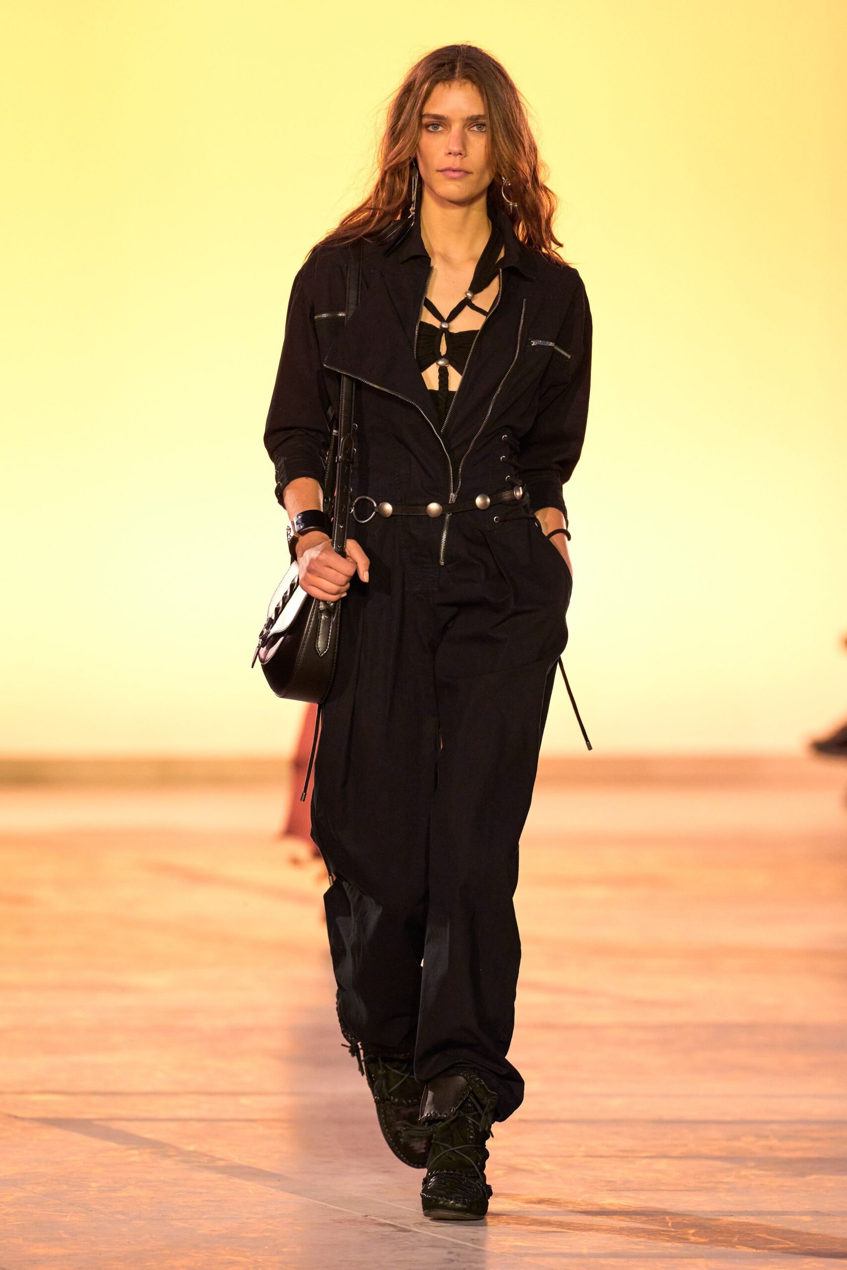 black fitted jumpsuit with bag