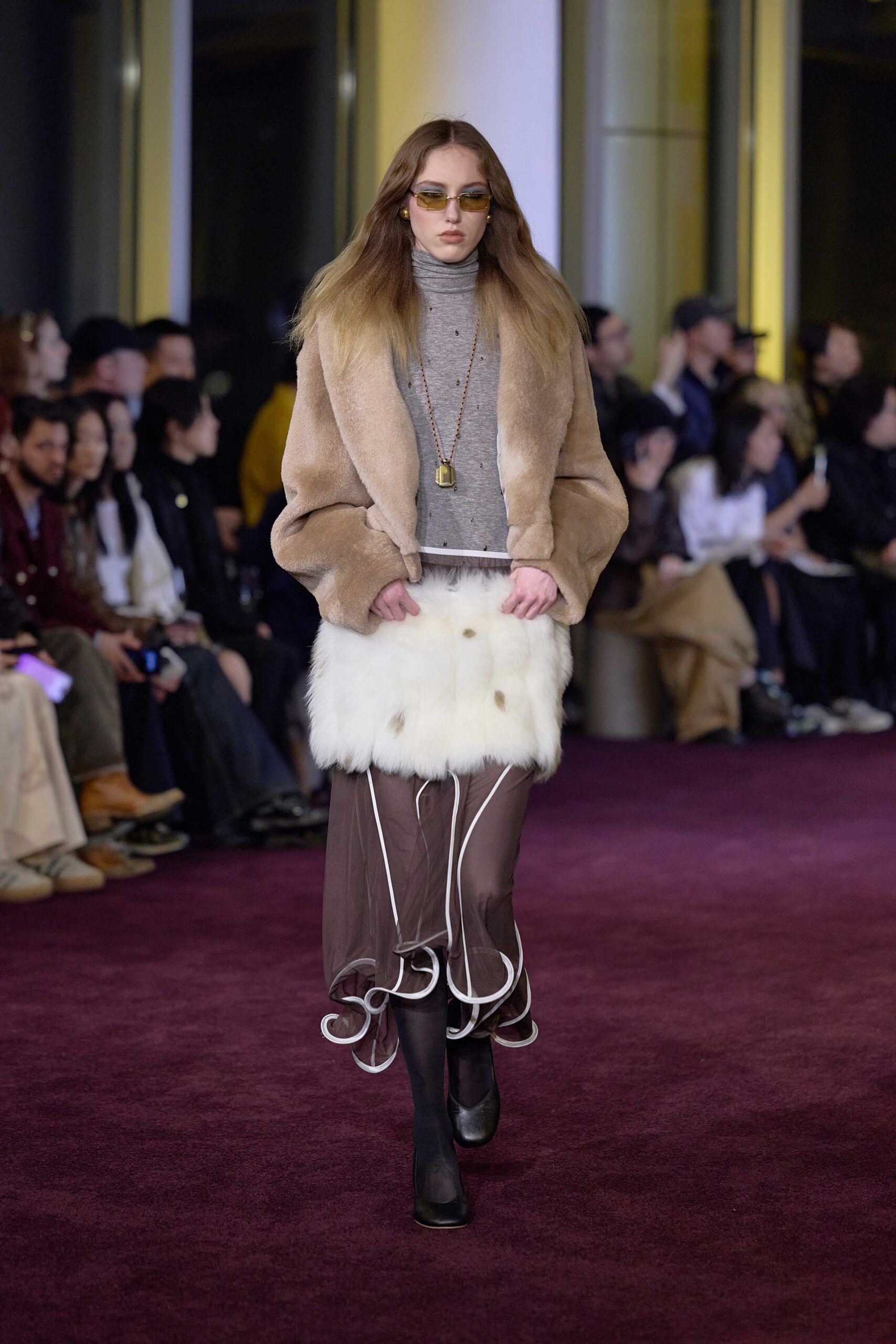 beige fur coat gray wool top