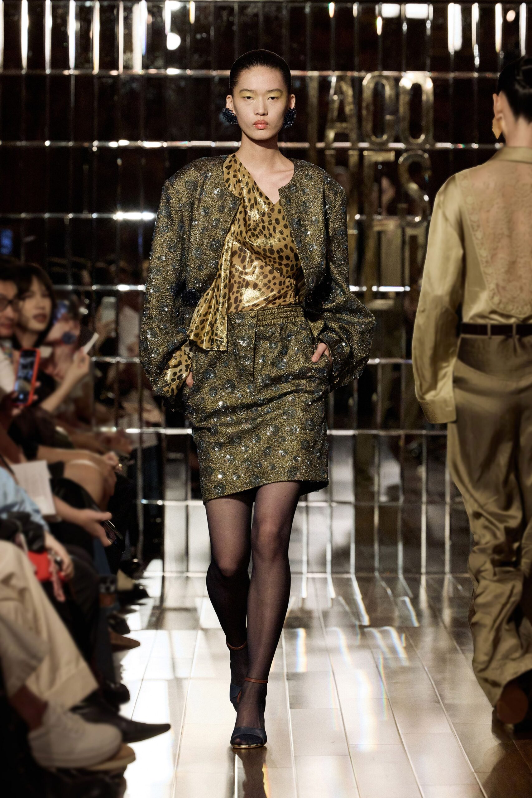 gold silk long-sleeve oversized embellished shiny jacket
