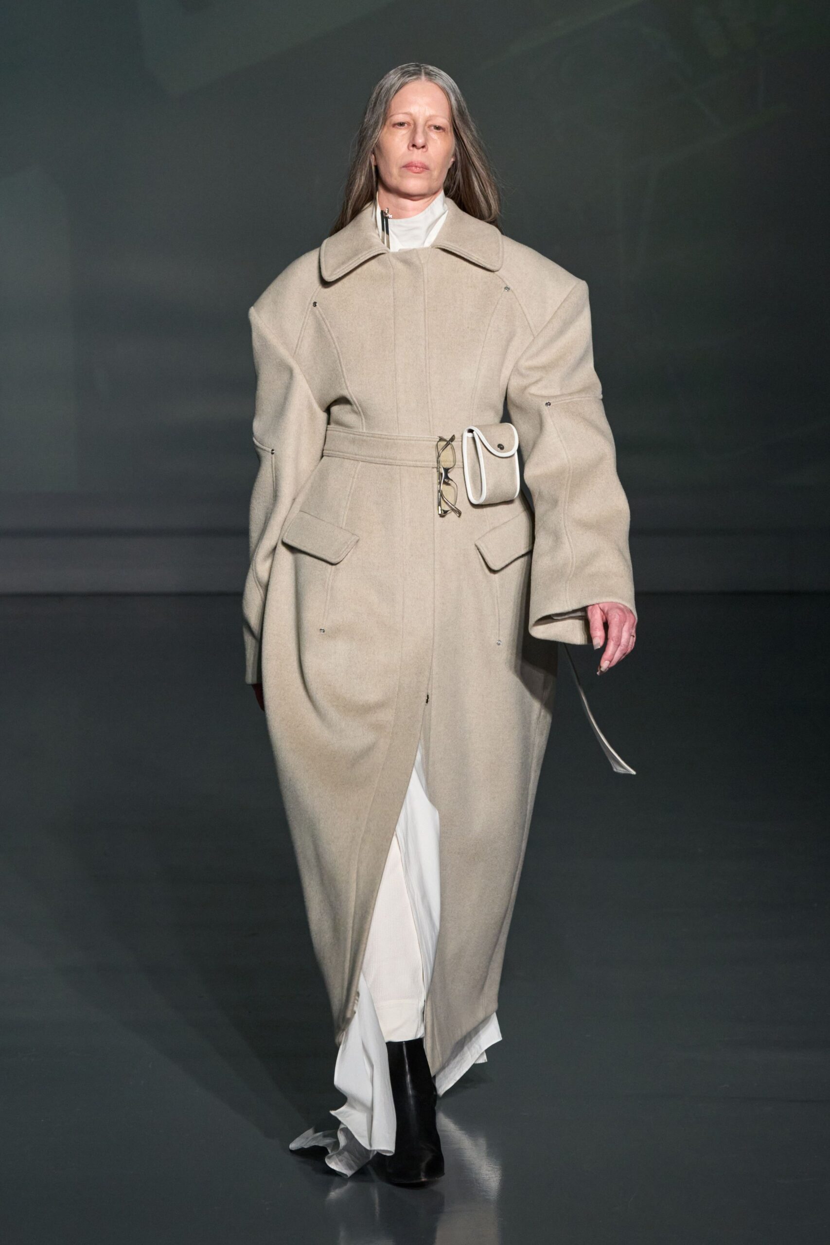 beige wool long-sleeve collared oversized zippered belted coat