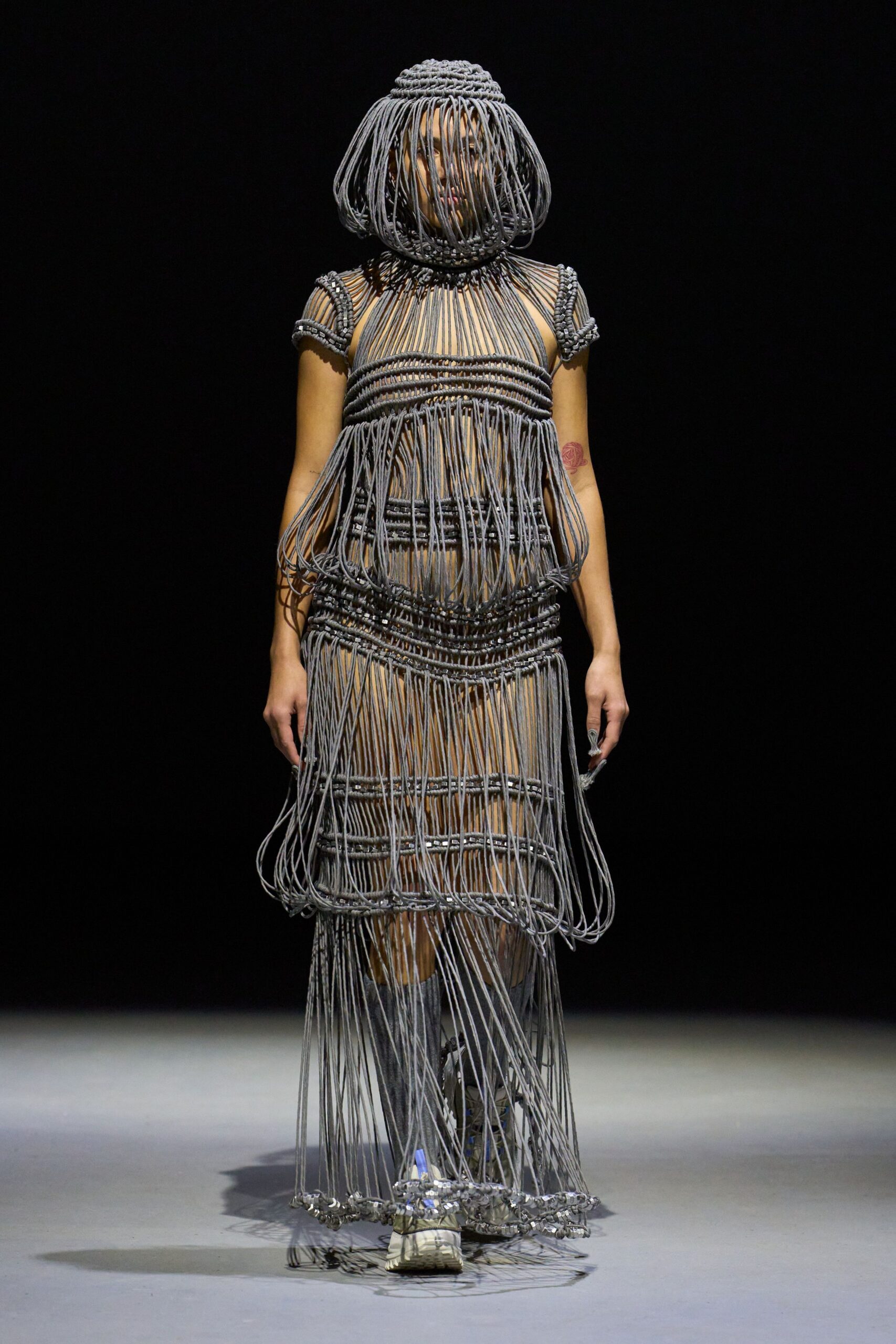 gray metallic sleeveless high-neck fitted layered sheer dress