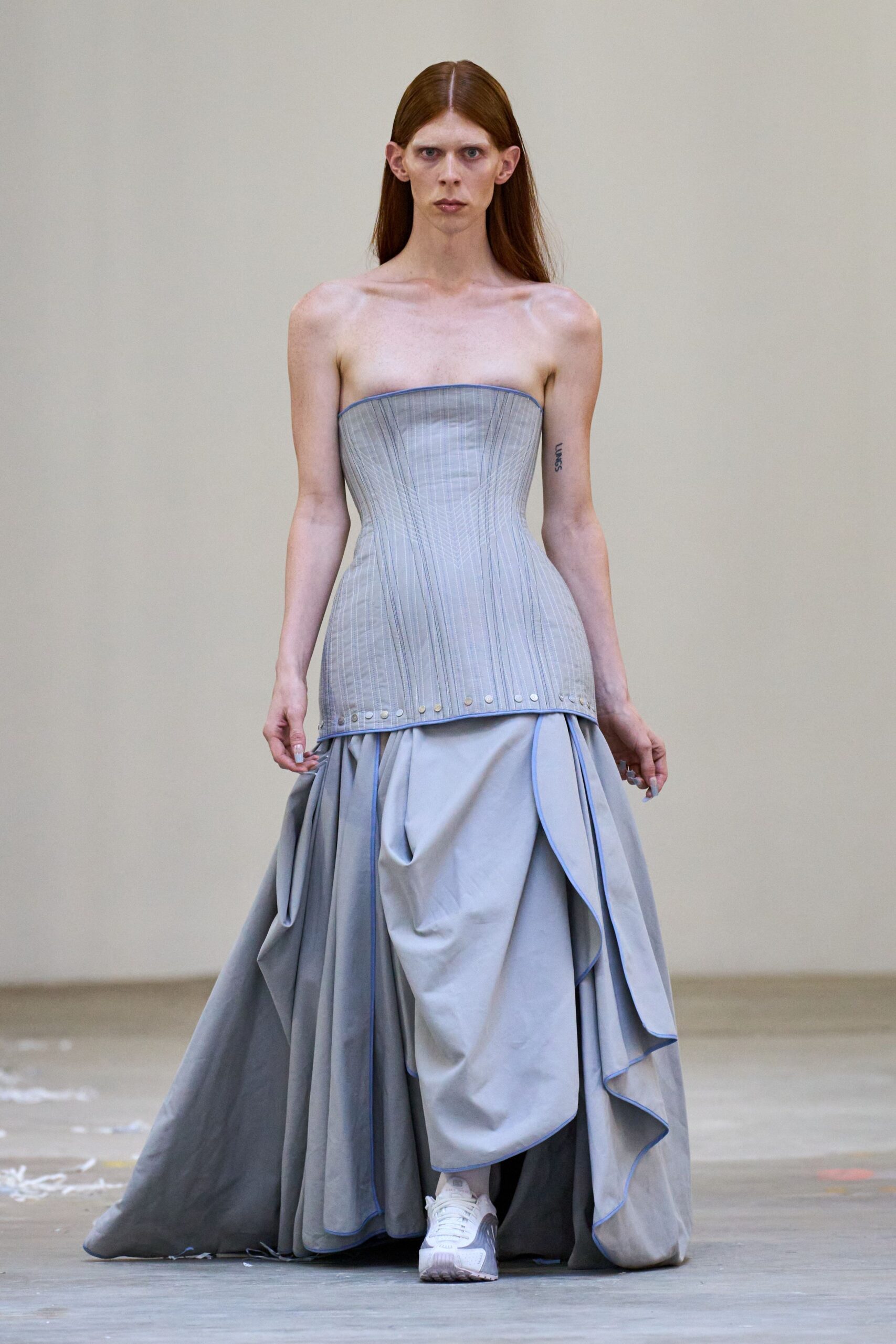 gray cotton strapless fitted pleated draped maxi gown