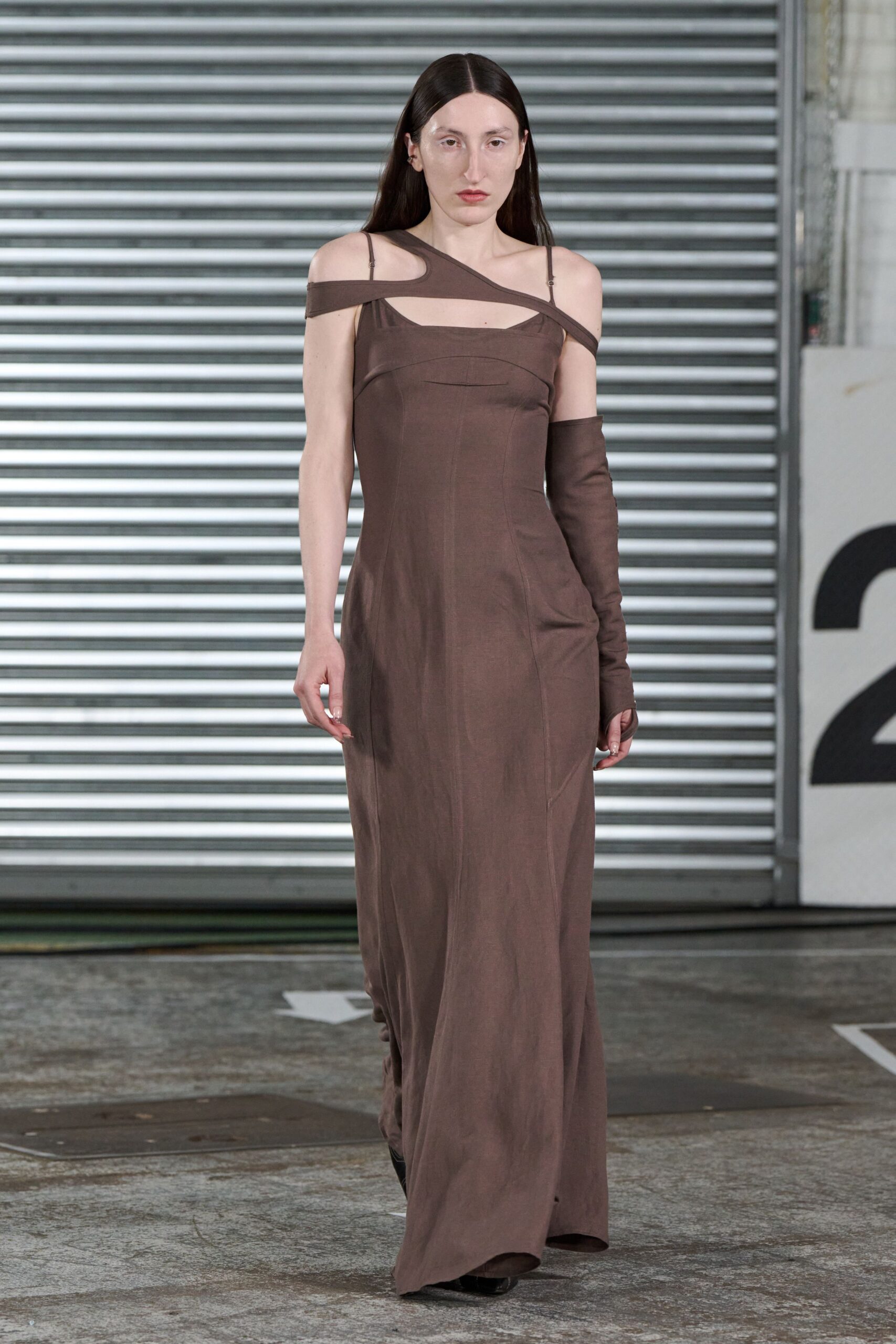 brown fitted off-shoulder gown