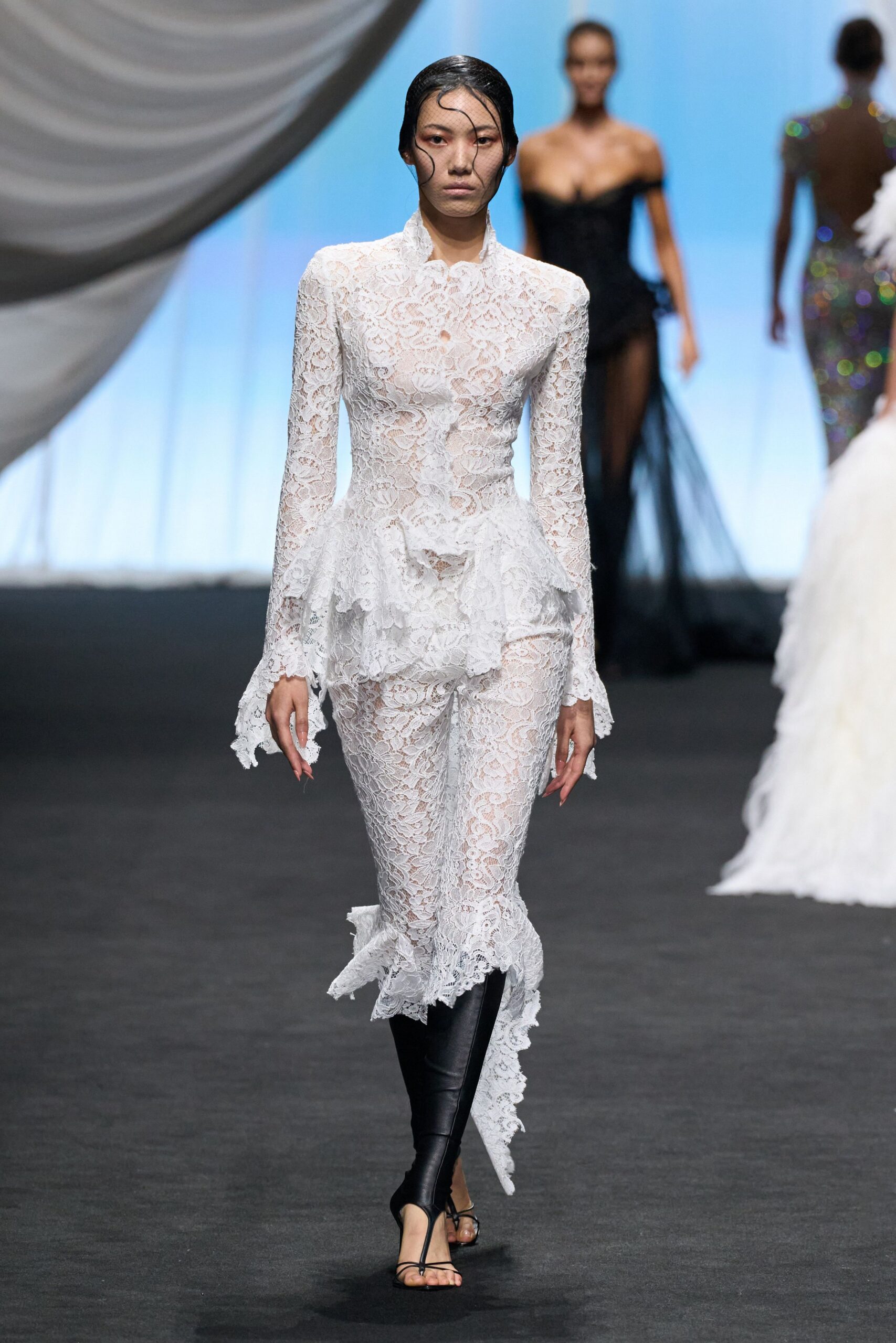 white lace fitted jumpsuit with black pants