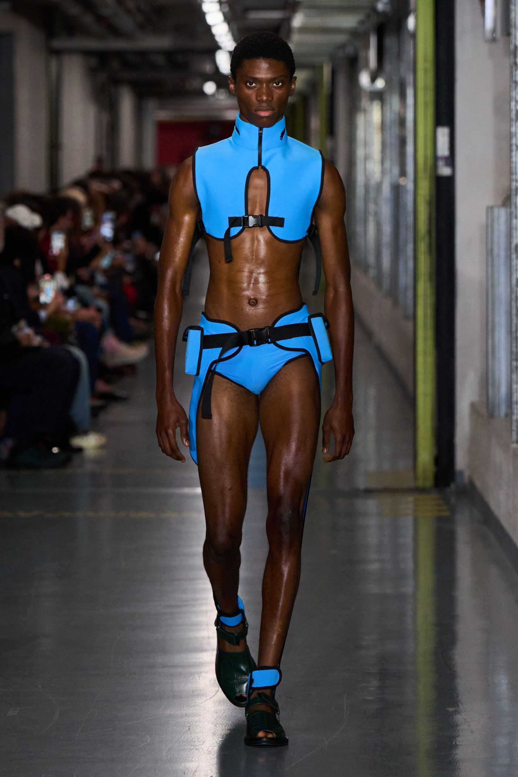 blue neoprene sleeveless halter fitted zippered bikini