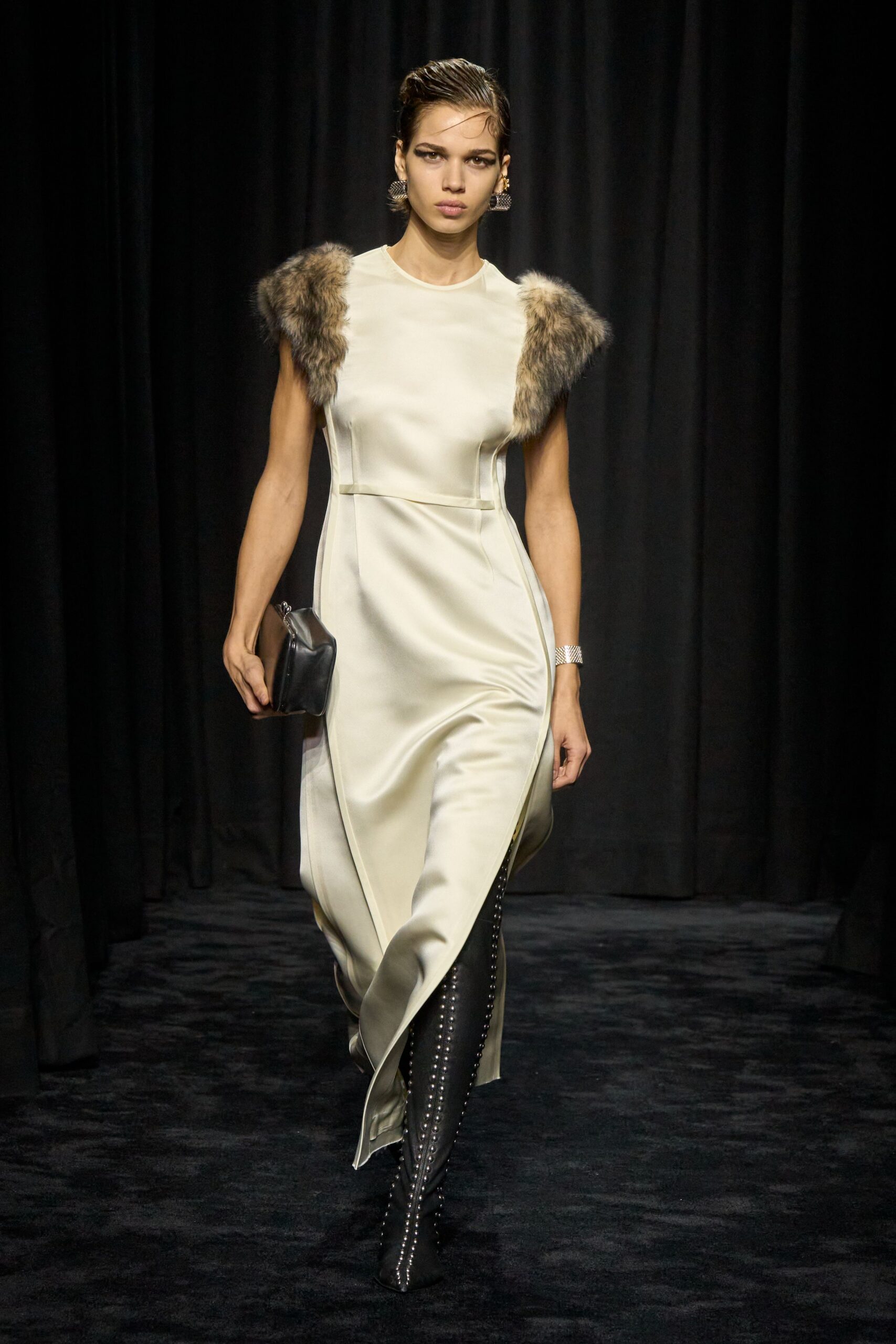 ivory silk midi dress with fur