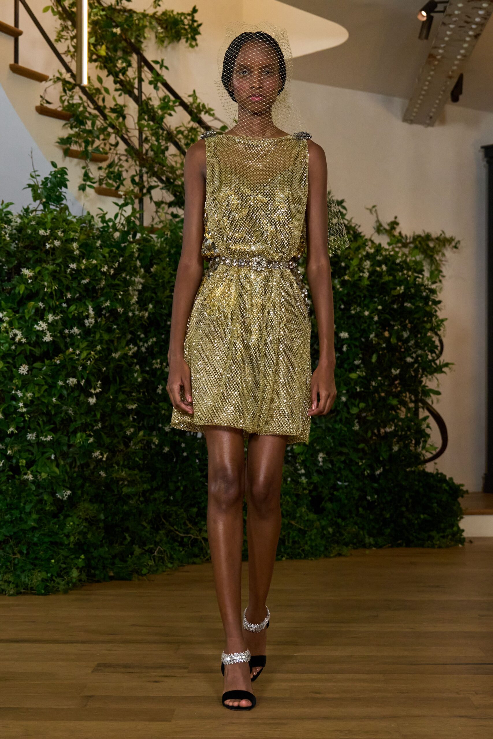 gold mesh sleeveless high-neck fitted pleated embellished dress