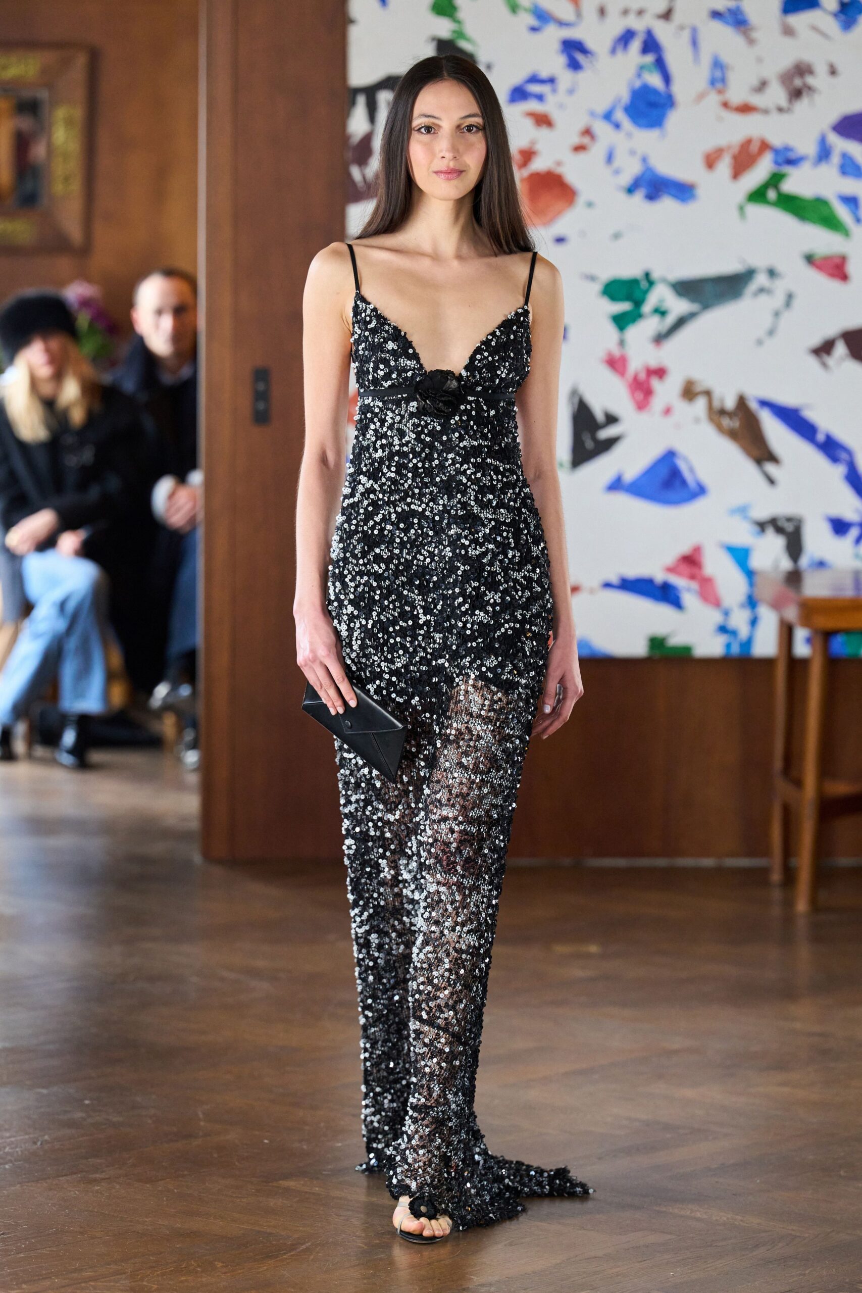 black silk sleeveless v-neck fitted sequined shiny gown