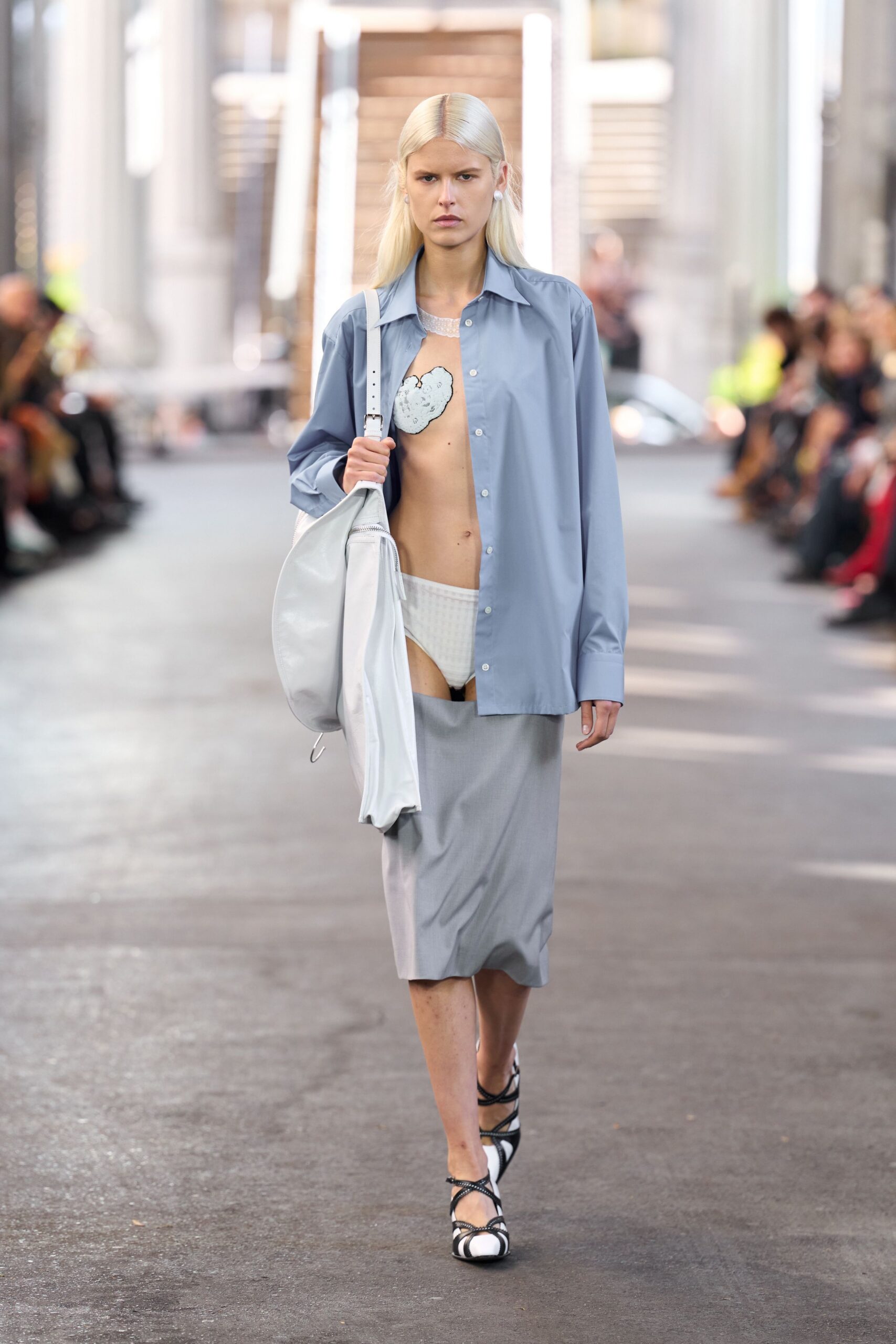 blue relaxed shirt gray pencil skirt