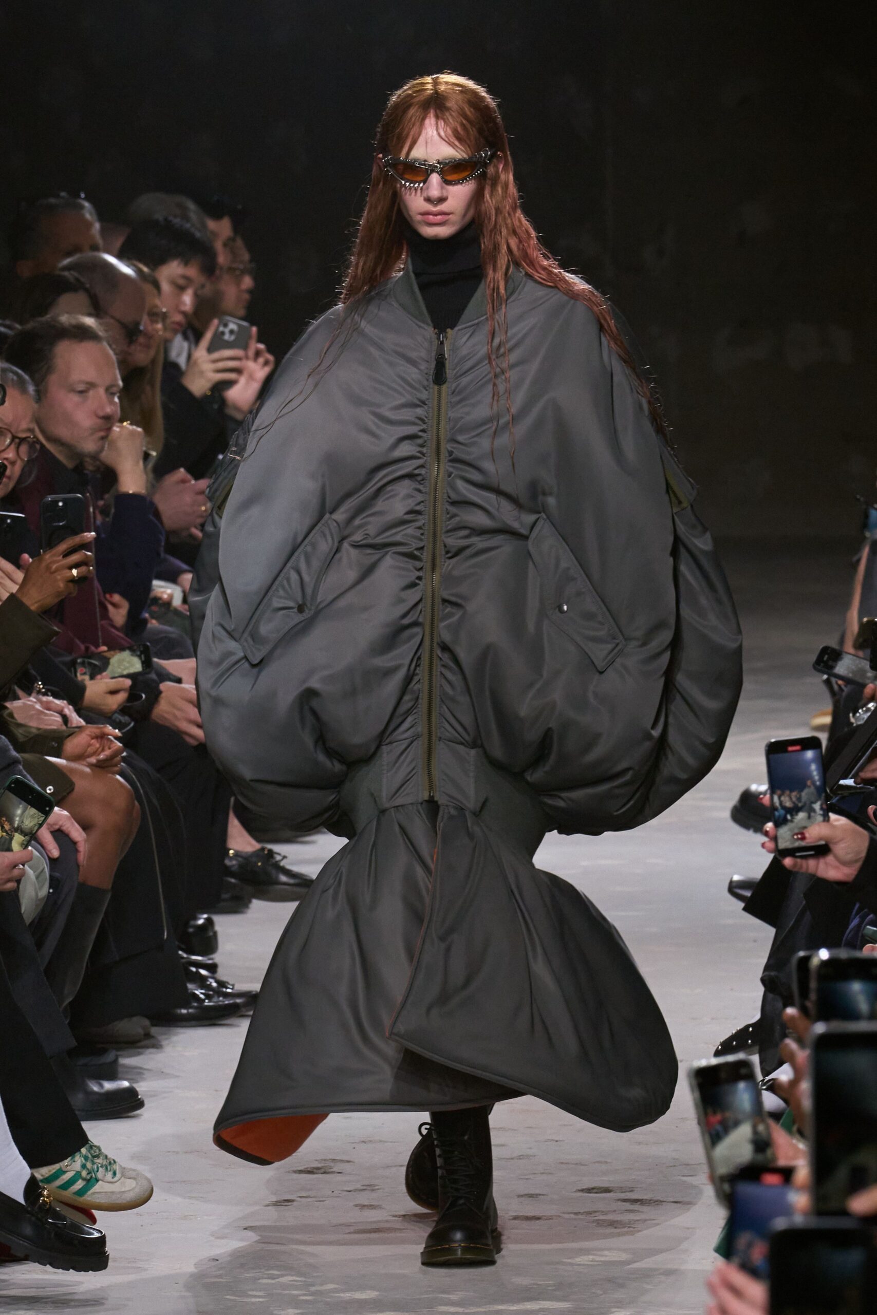 gray jersey long-sleeve collared oversized padded maxi coat