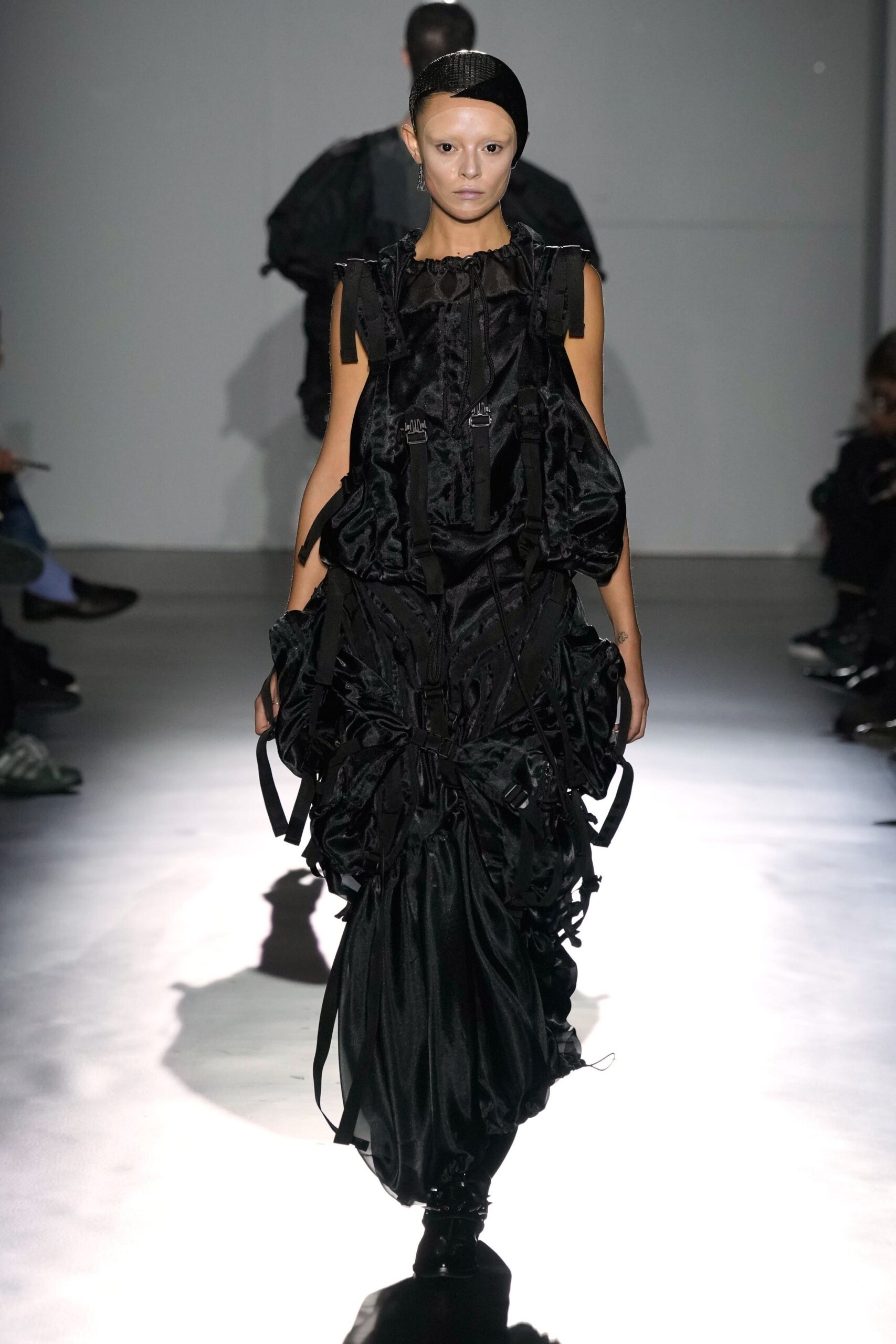 black ruffled maxi dress with boots