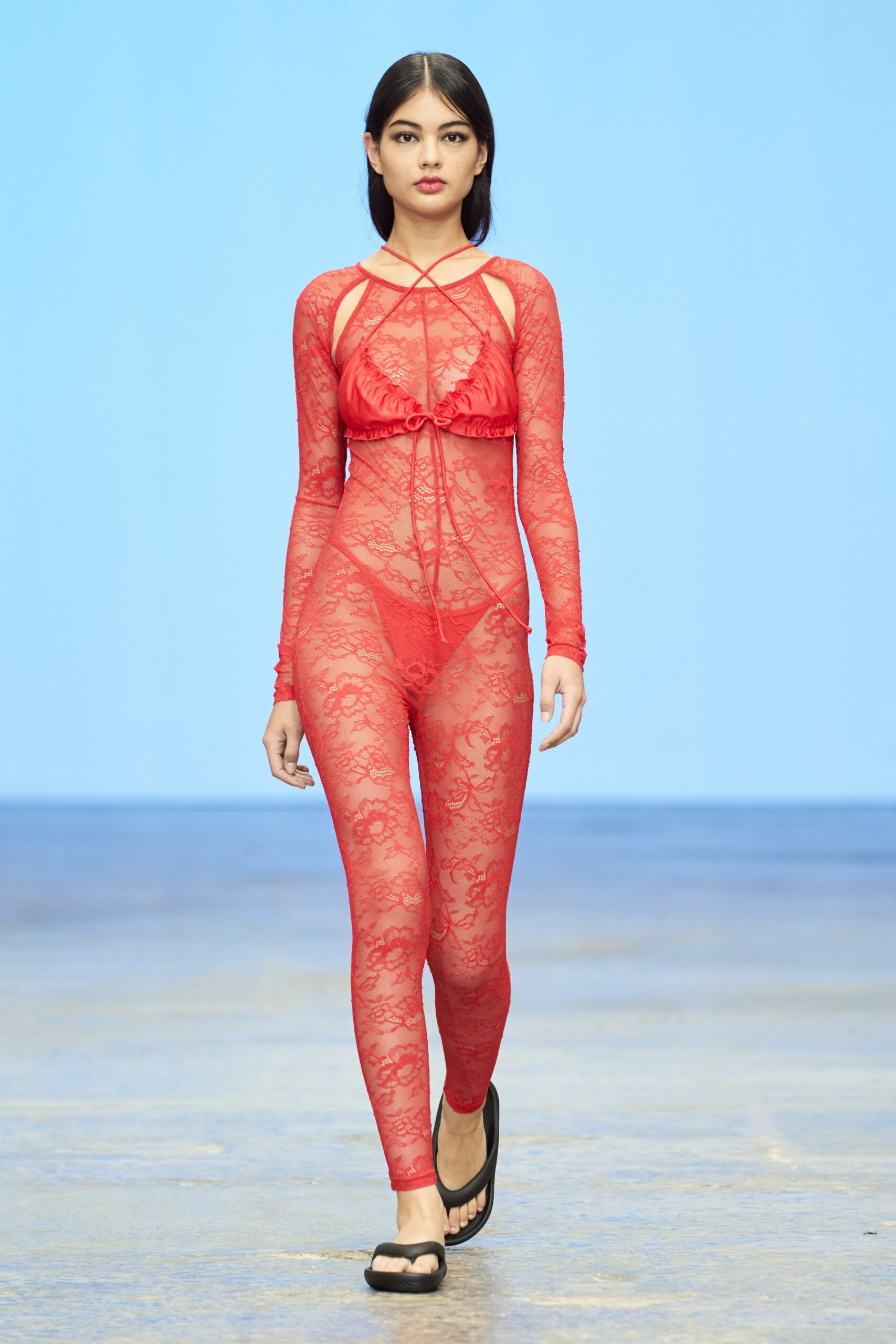 red lace long-sleeve halter fitted ruched sheer catsuit
