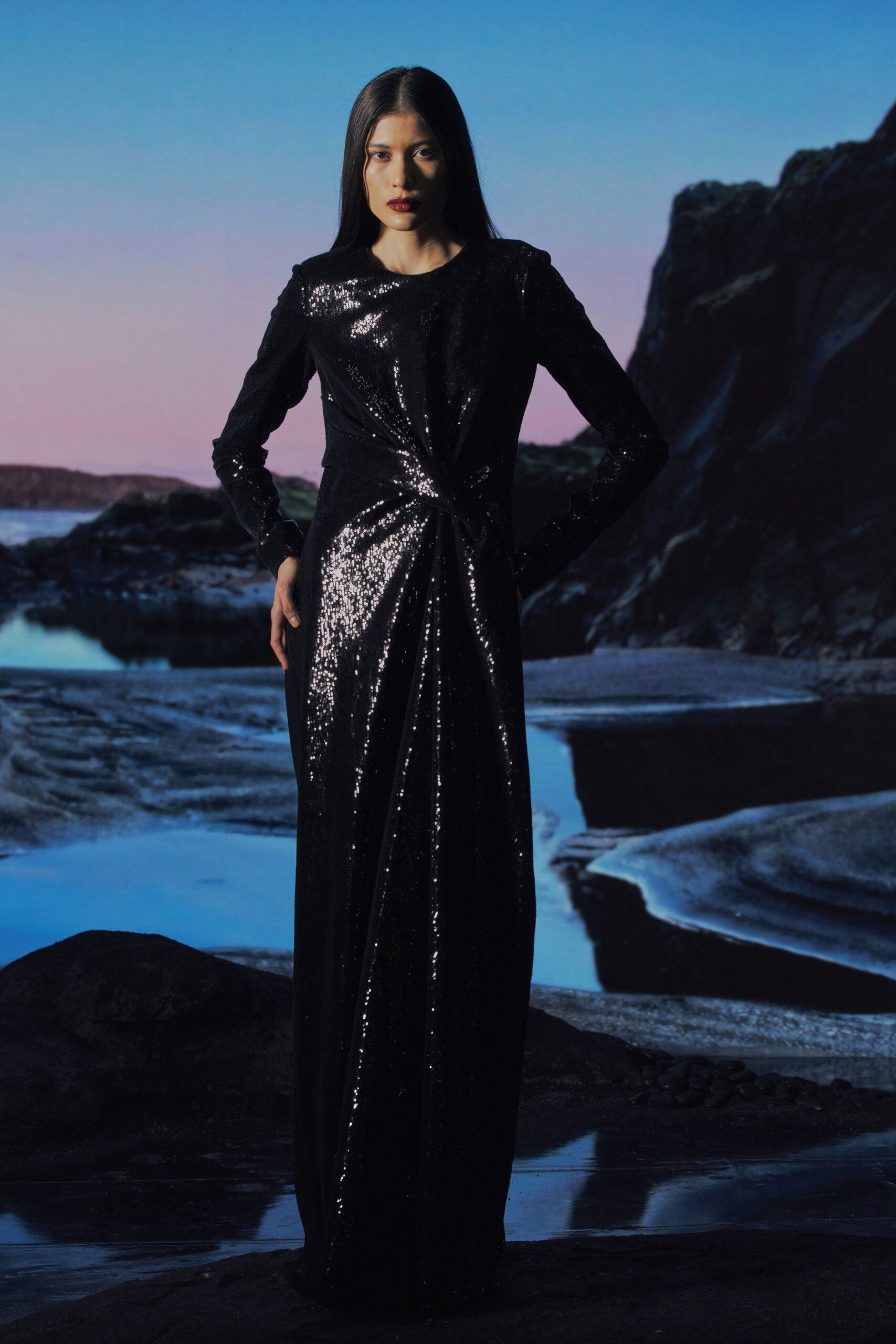 black sequin fitted gown